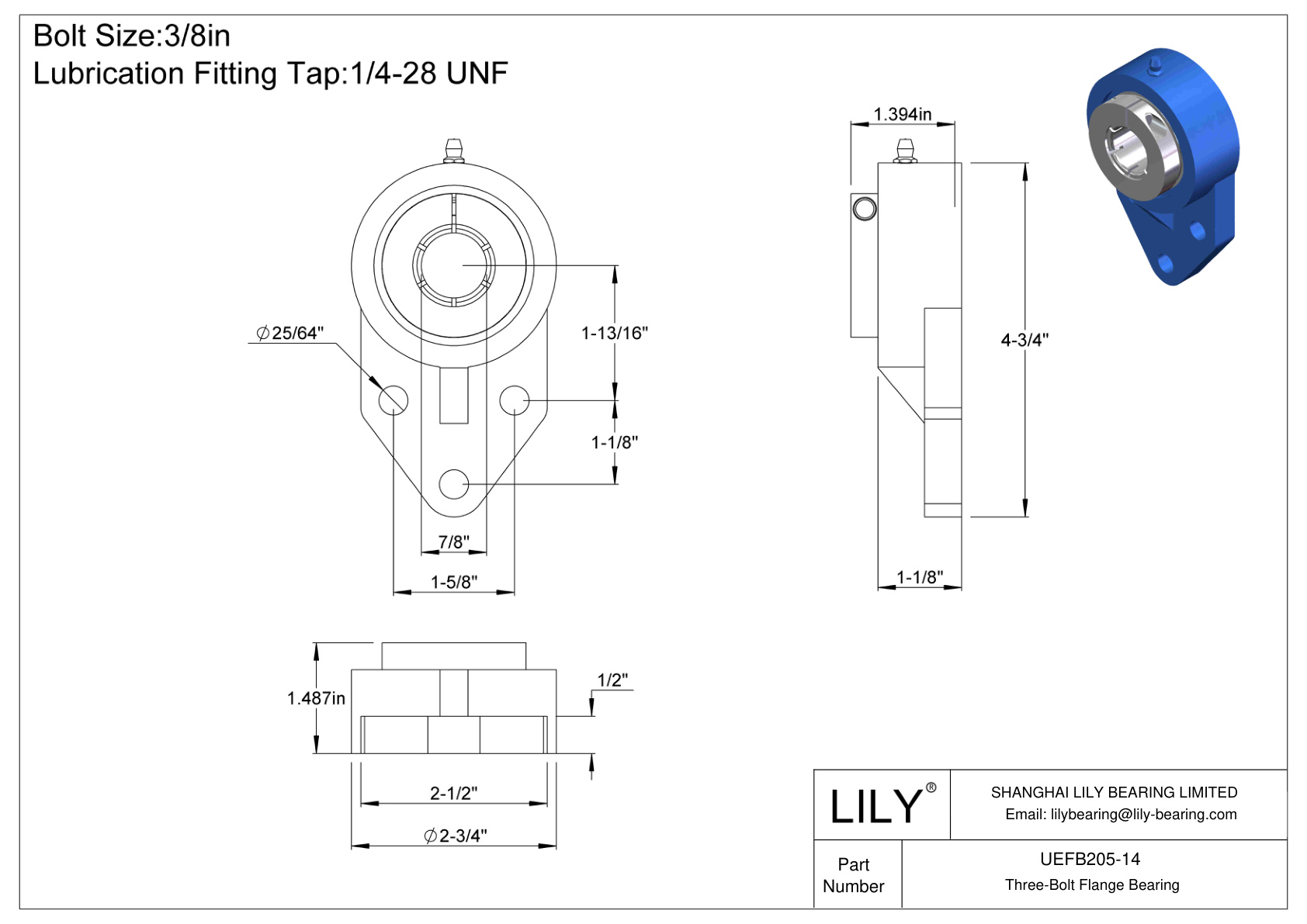 UEFB205-14 Three-Bolt Flange Bearing Accu-Loc Concentric Collar Locking cad drawing