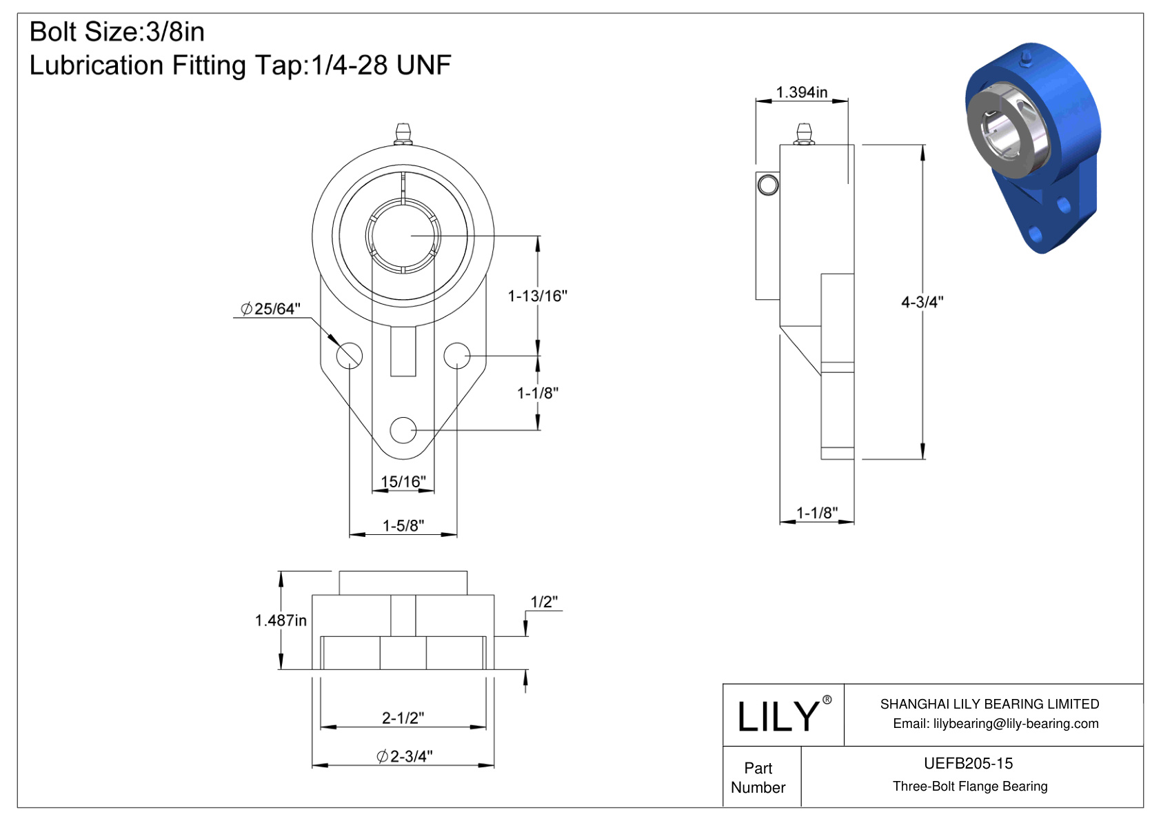 UEFB205-15 Cojinete de brida de tres tornillos Bloqueo de collarín concéntrico Accu-Loc cad drawing