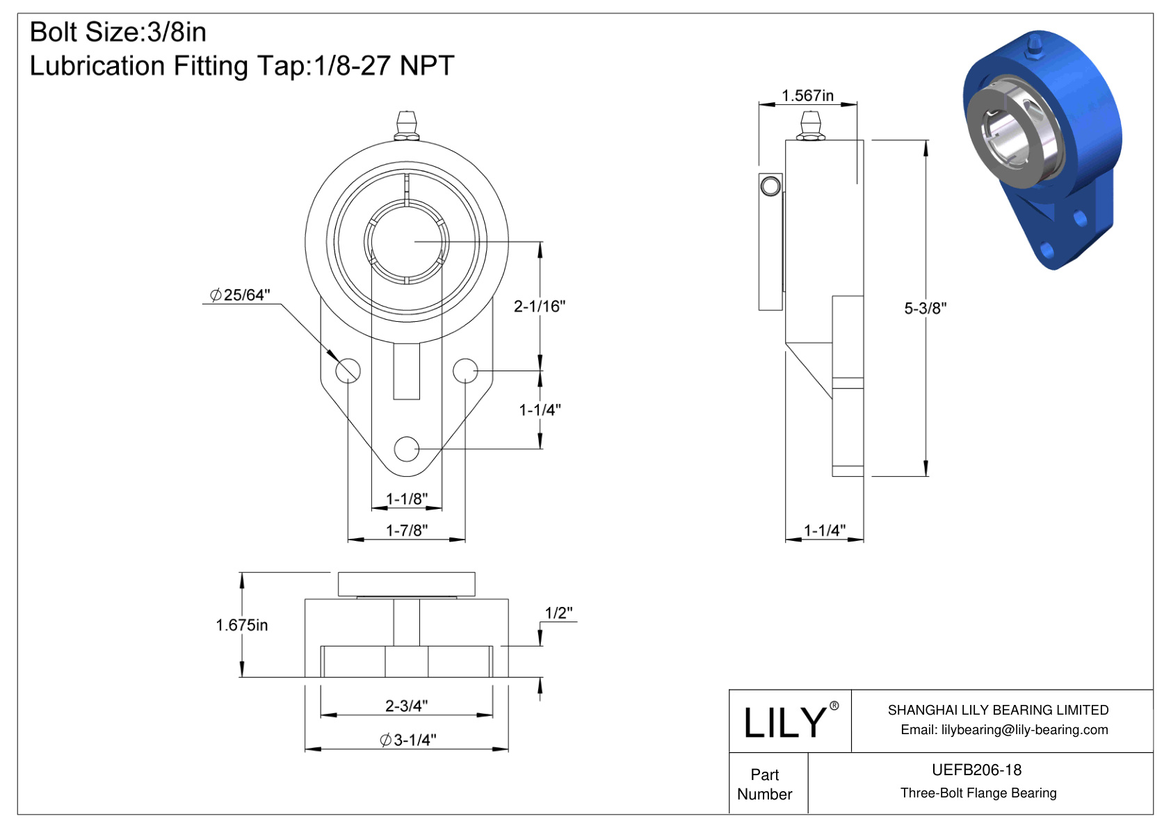 UEFB206-18 Cojinete de brida de tres tornillos Bloqueo de collarín concéntrico Accu-Loc cad drawing