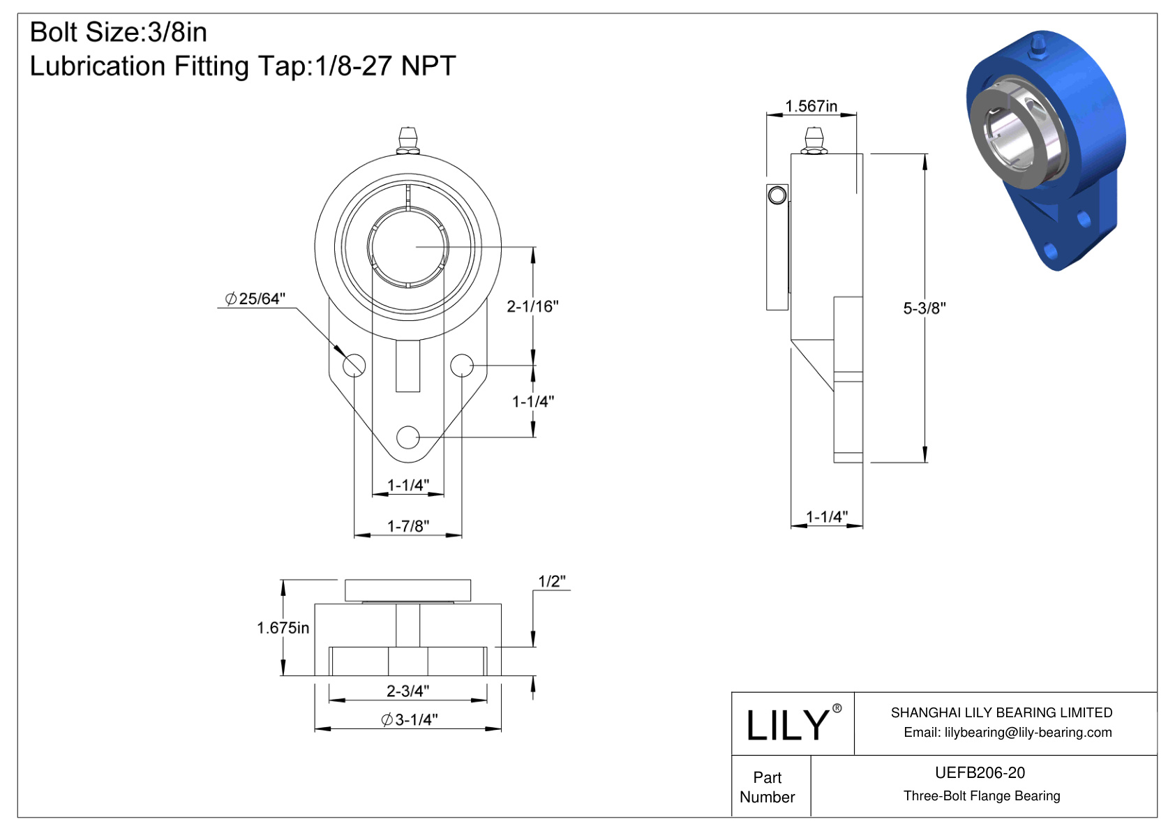 UEFB206-20 Cojinete de brida de tres tornillos Bloqueo de collarín concéntrico Accu-Loc cad drawing