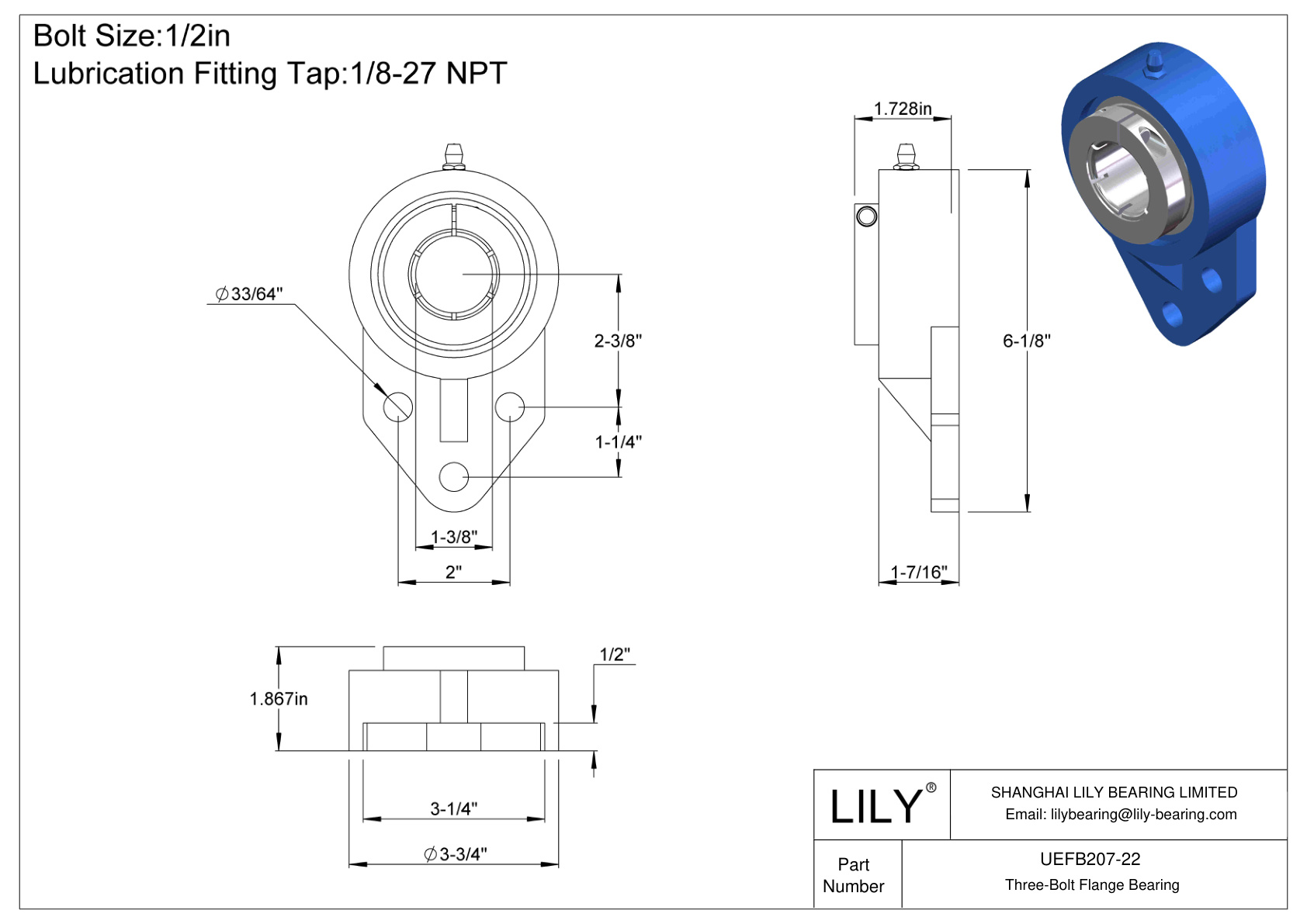 UEFB207-22 Cojinete de brida de tres tornillos Bloqueo de collarín concéntrico Accu-Loc cad drawing