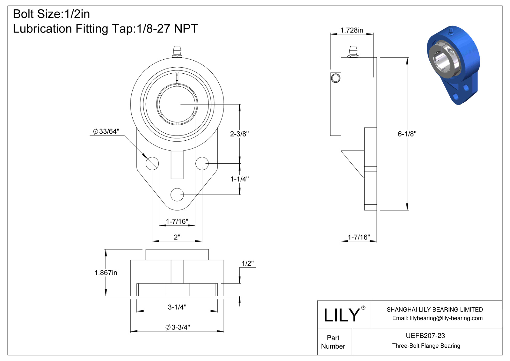 UEFB207-23 Cojinete de brida de tres tornillos Bloqueo de collarín concéntrico Accu-Loc cad drawing