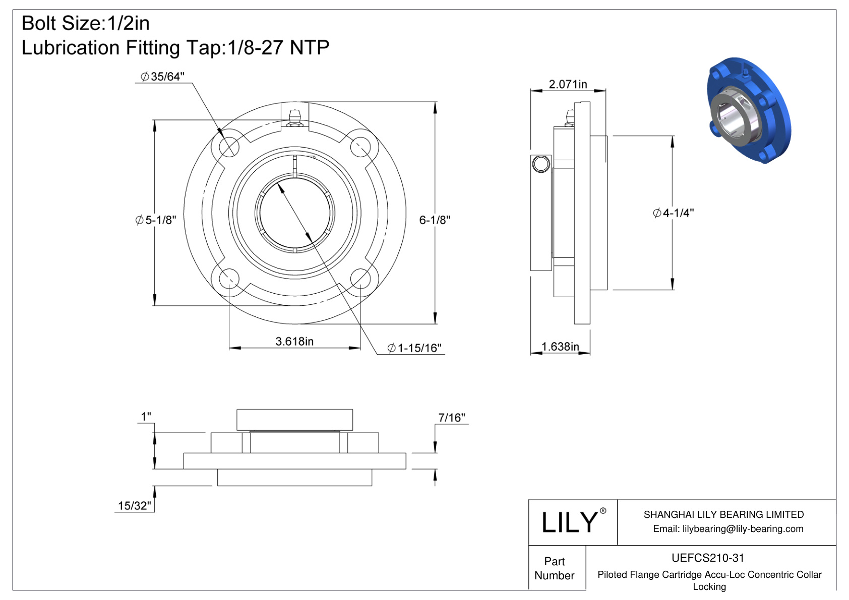 UEFCS210-31 Piloted Flange Cartridge Accu-Loc Concentric Collar Locking cad drawing