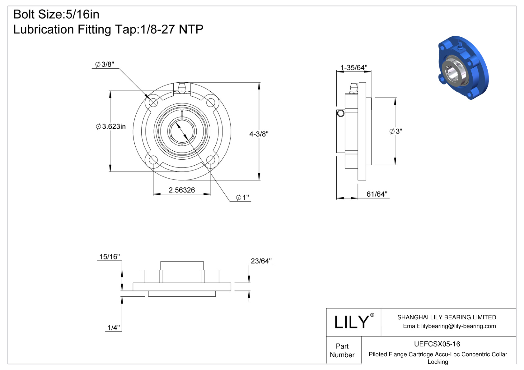 UEFCSX05-16 Piloted Flange Cartridge Accu-Loc Concentric Collar Locking cad drawing