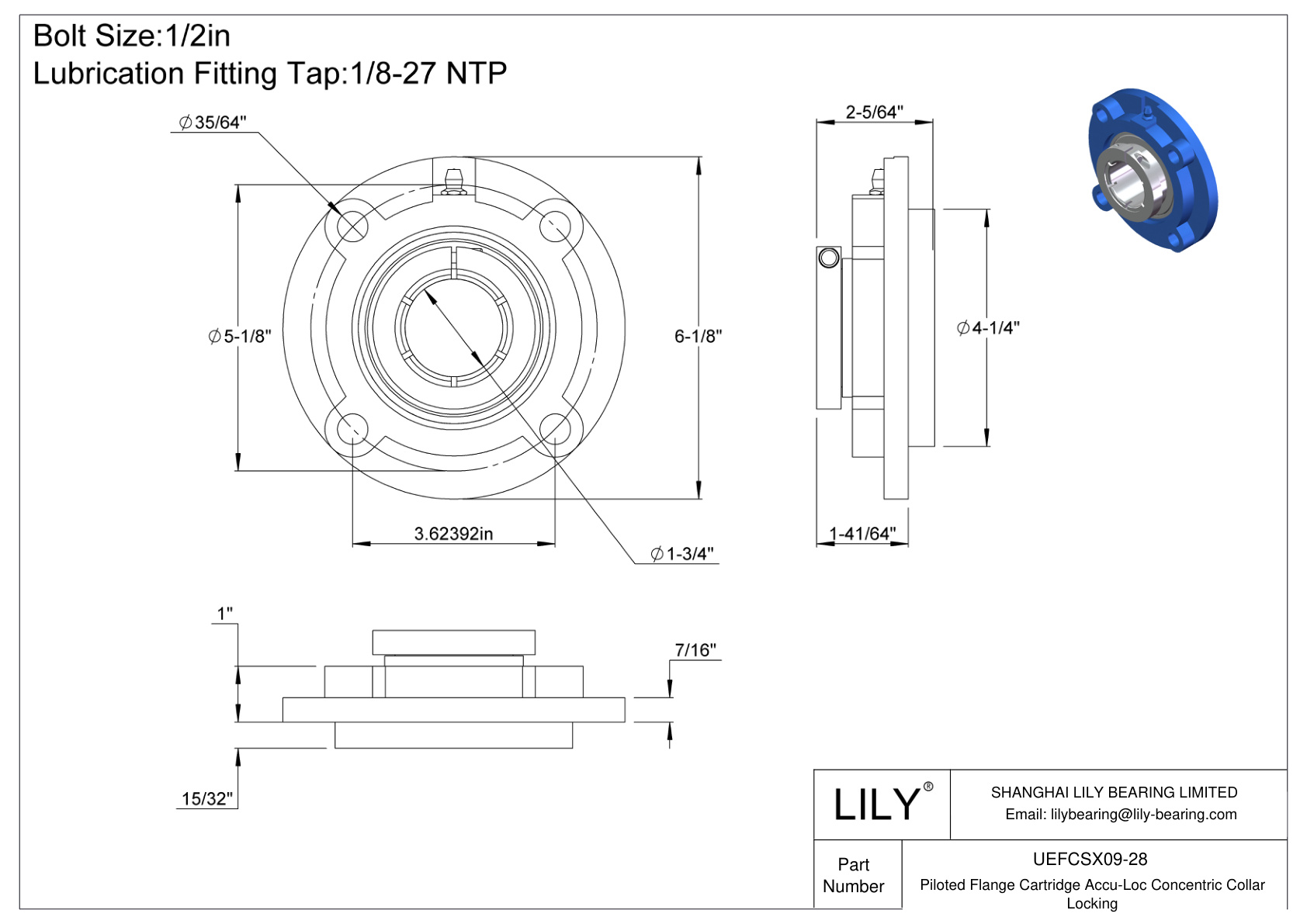 UEFCSX09-28 Piloted Flange Cartridge Accu-Loc Concentric Collar Locking cad drawing