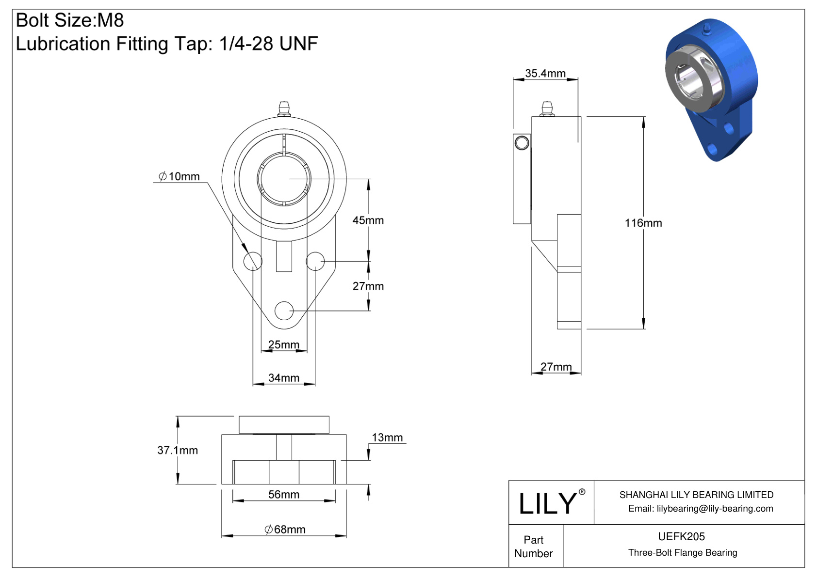 UEFK205 Three-Bolt Flange Bearing Accu-Loc Concentric Collar Locking cad drawing