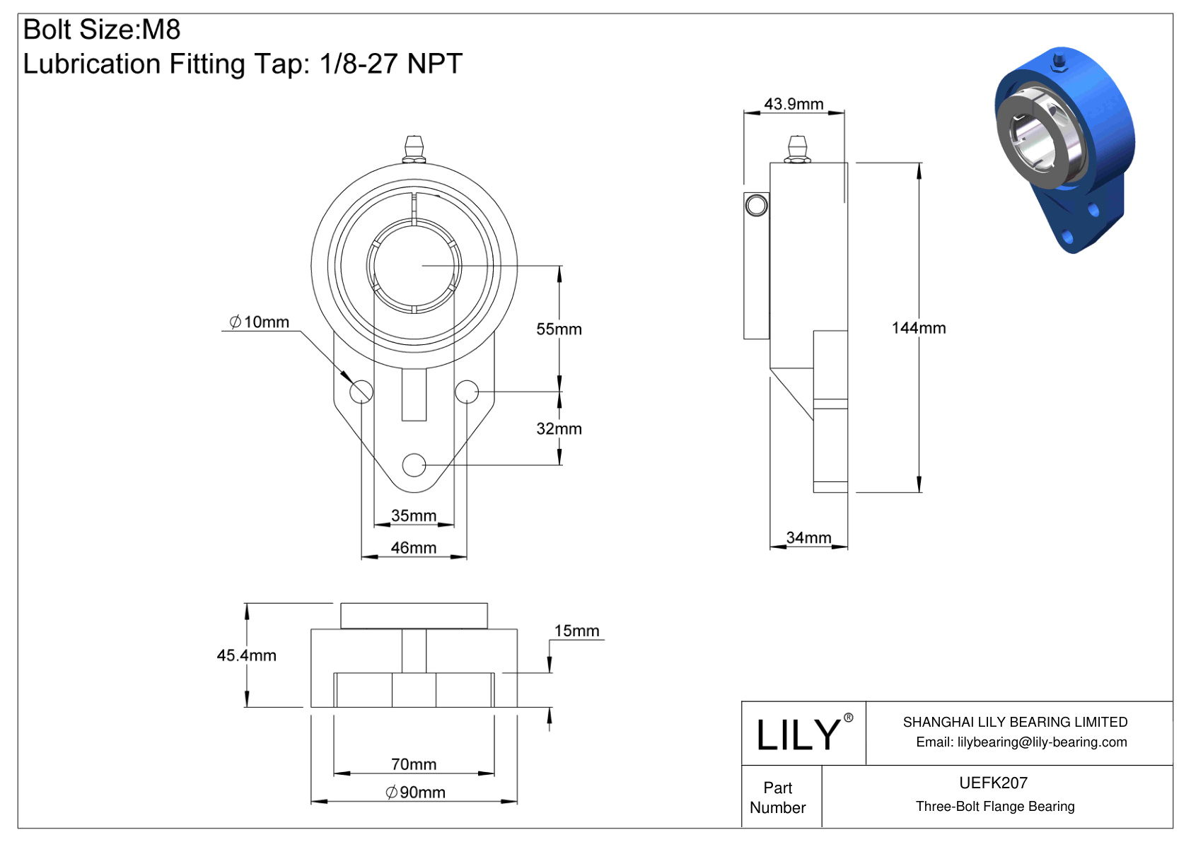 UEFK207 Cojinete de brida de tres tornillos Bloqueo de collarín concéntrico Accu-Loc cad drawing