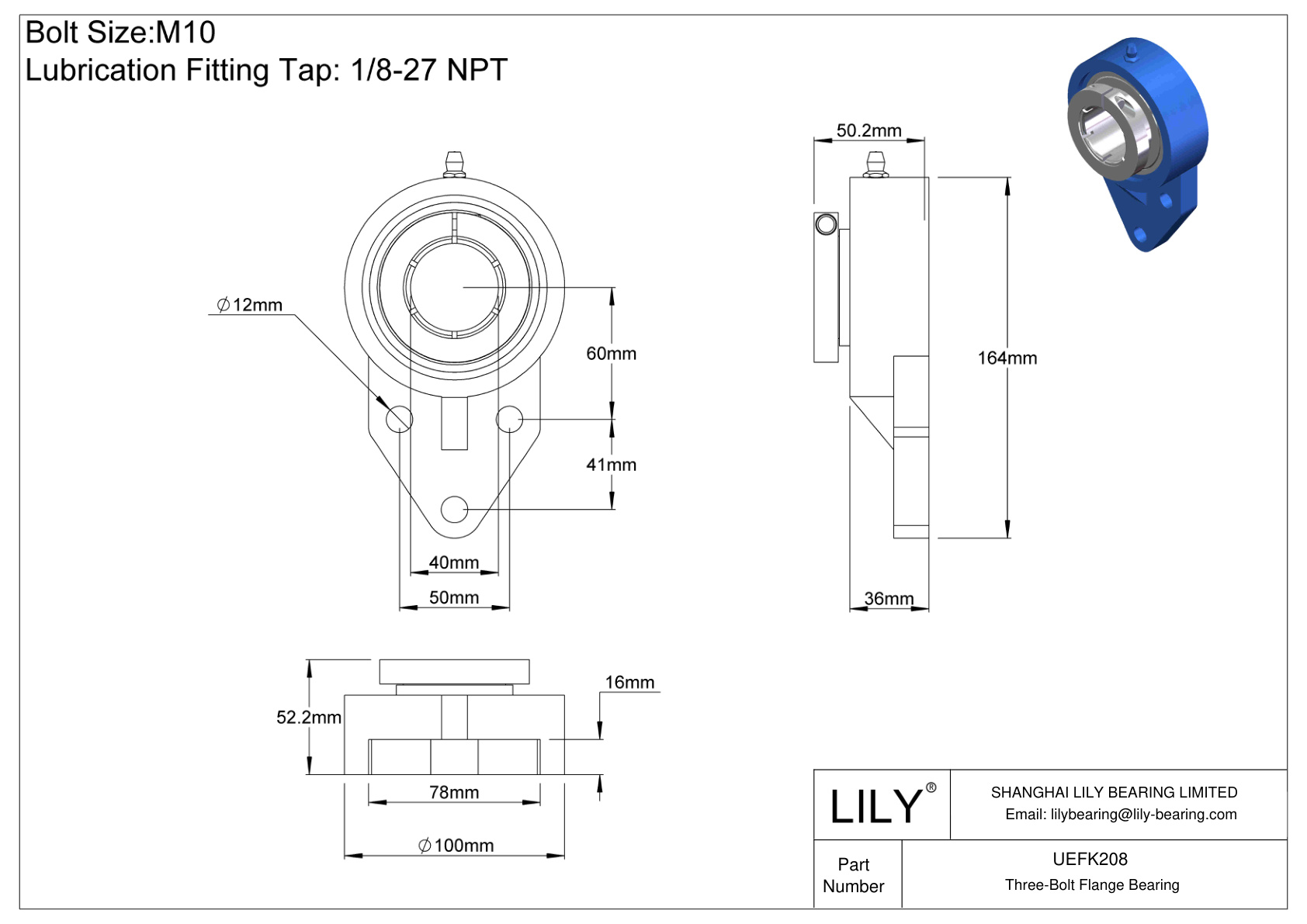 UEFK208 Three-Bolt Flange Bearing Accu-Loc Concentric Collar Locking cad drawing