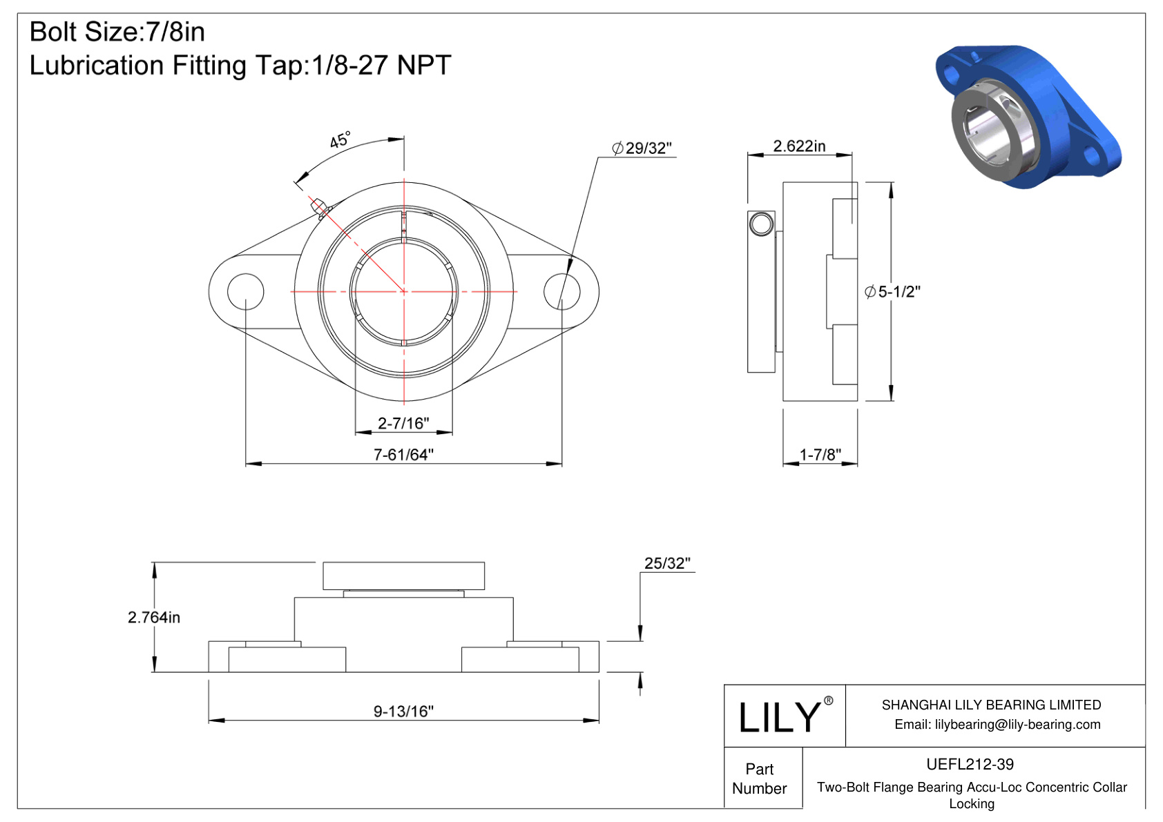 UEFL212-39 Two-Bolt Flange Bearing Accu-Loc Concentric Collar Locking cad drawing