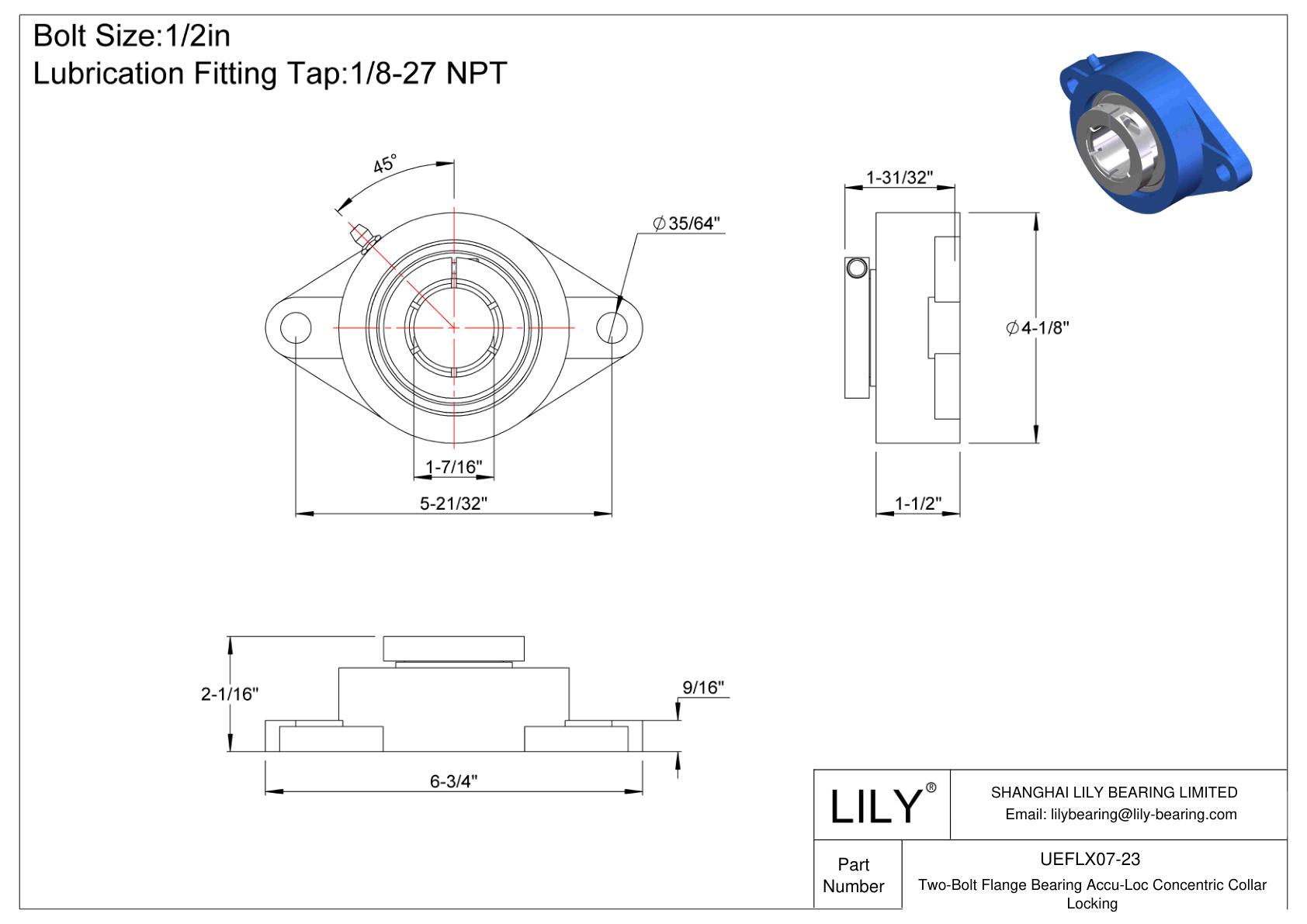 UEFLX07-23 Two-Bolt Flange Bearing Accu-Loc Concentric Collar Locking cad drawing