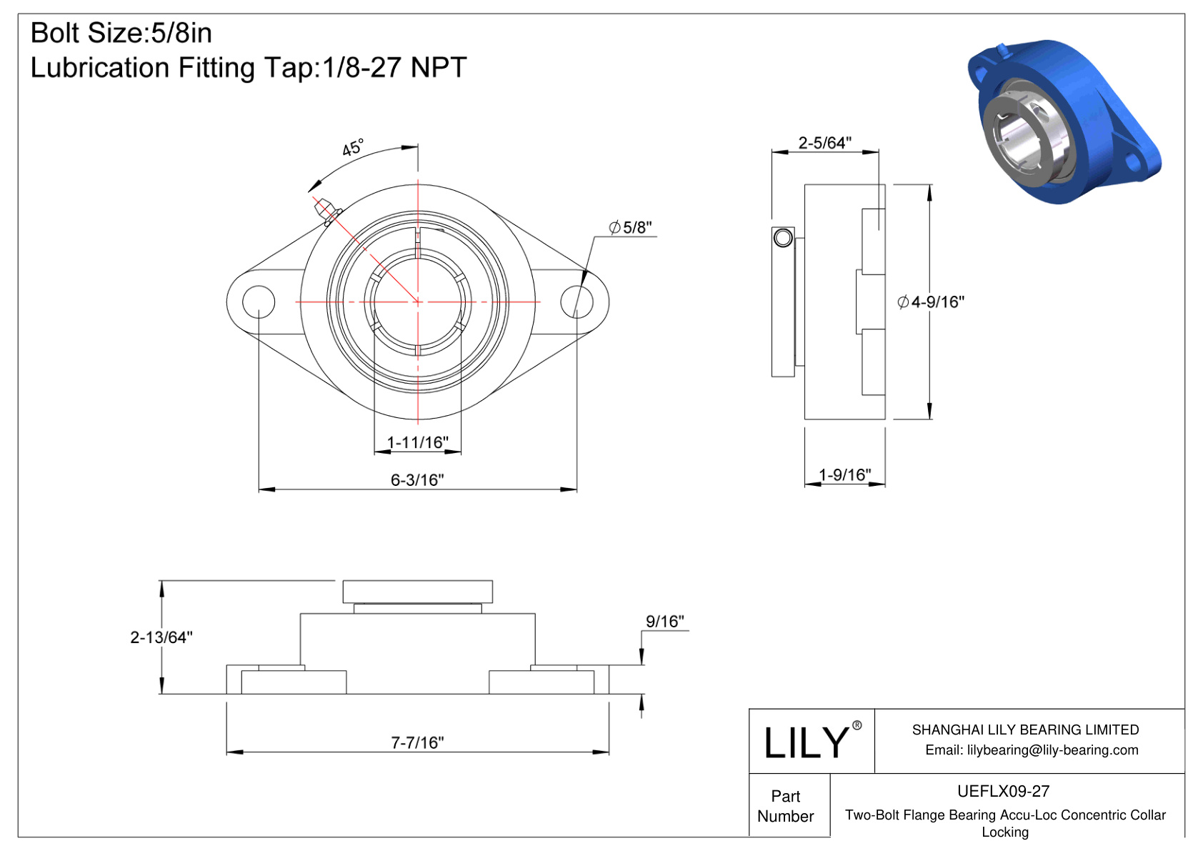 UEFLX09-27 Two-Bolt Flange Bearing Accu-Loc Concentric Collar Locking cad drawing