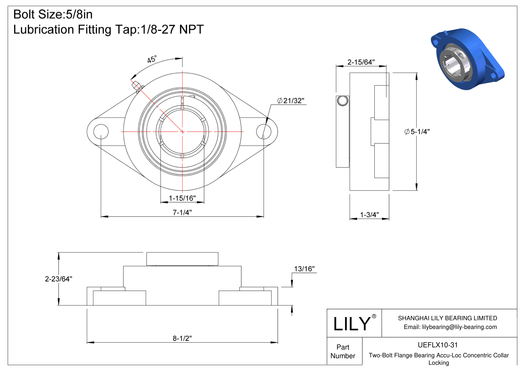 UEFLX10-31 Cojinete de brida de dos pernos Bloqueo de collarín concéntrico Accu-Loc cad drawing