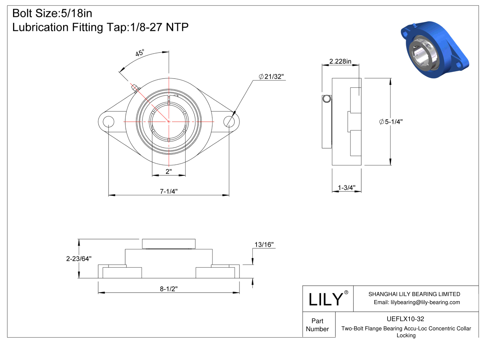 UEFLX10-32 Two-Bolt Flange Bearing Accu-Loc Concentric Collar Locking cad drawing