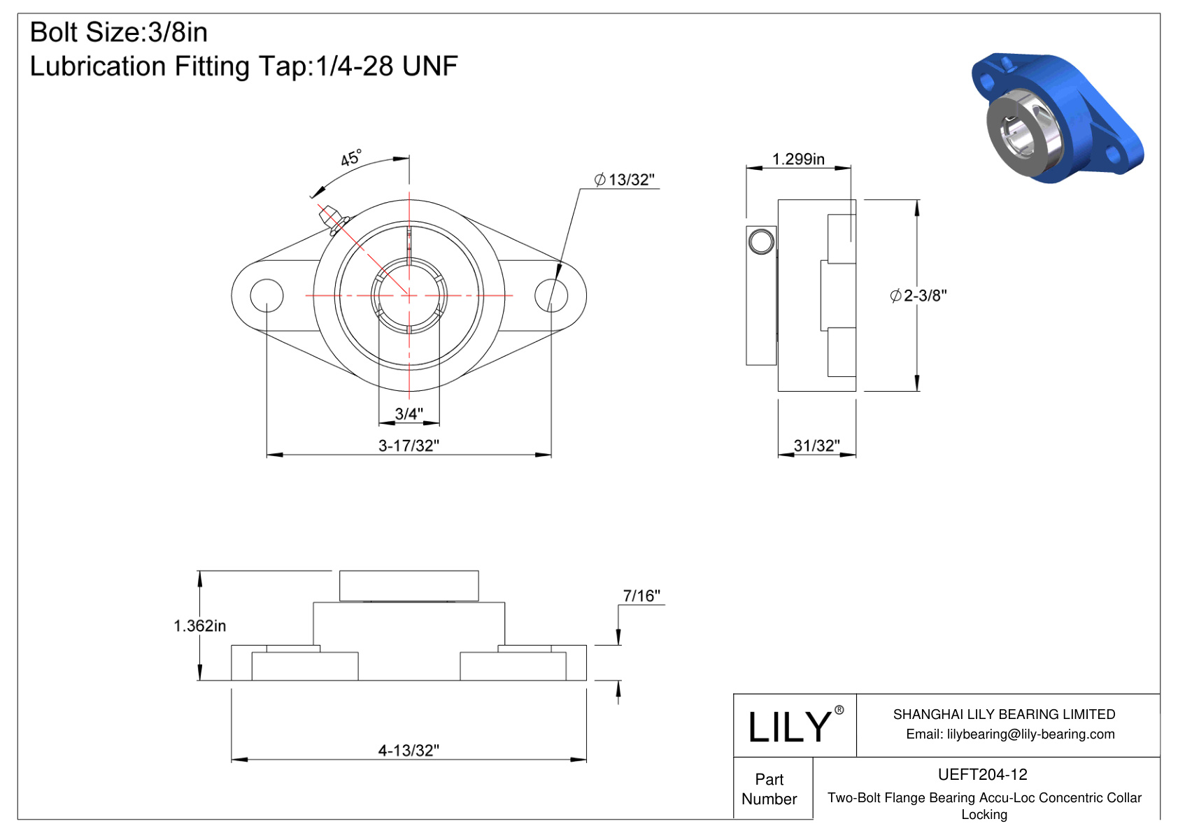 UEFT204-12 Two-Bolt Flange Bearing Accu-Loc Concentric Collar Locking cad drawing