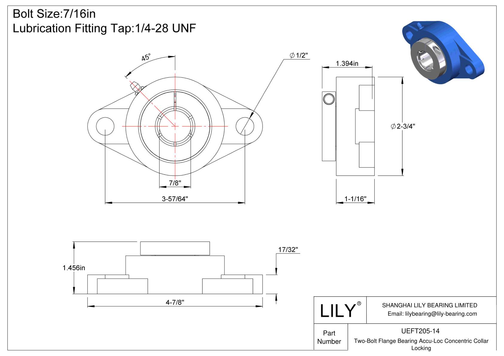 UEFT205-14 Two-Bolt Flange Bearing Accu-Loc Concentric Collar Locking cad drawing