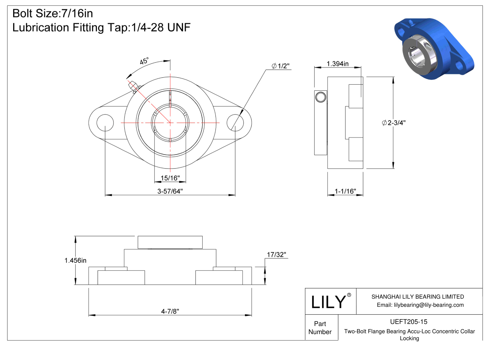 UEFT205-15 Cojinete de brida de dos pernos Bloqueo de collarín concéntrico Accu-Loc cad drawing