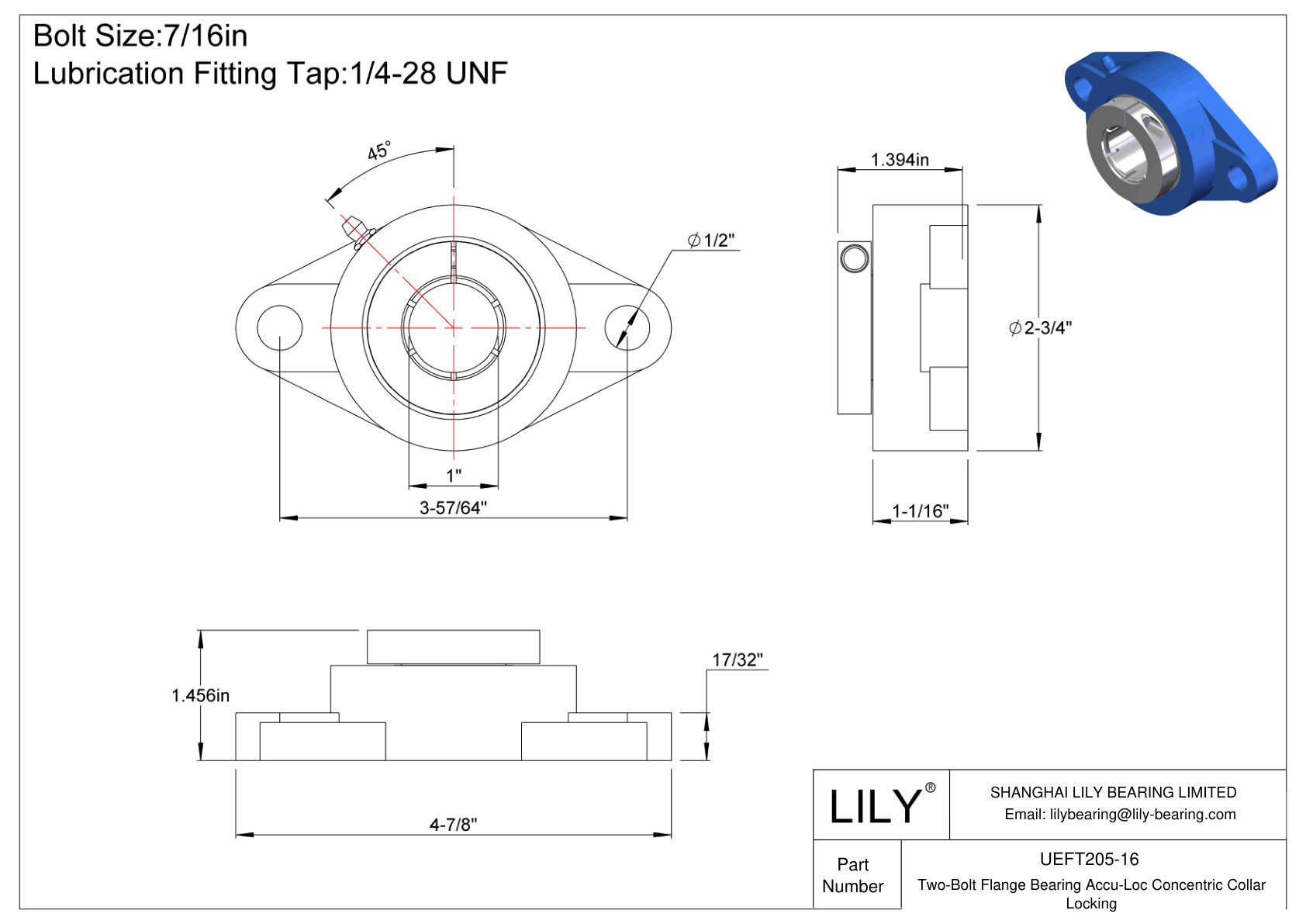 UEFT205-16 Two-Bolt Flange Bearing Accu-Loc Concentric Collar Locking cad drawing