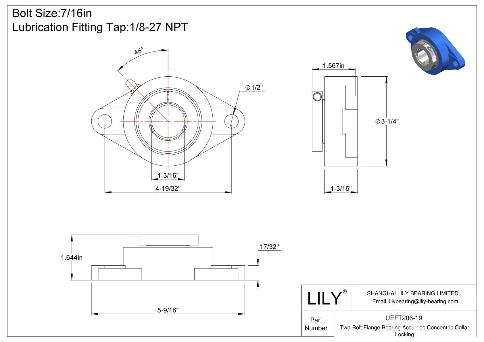 UEFT206-19 Cojinete de brida de dos pernos Bloqueo de collarín concéntrico Accu-Loc cad drawing