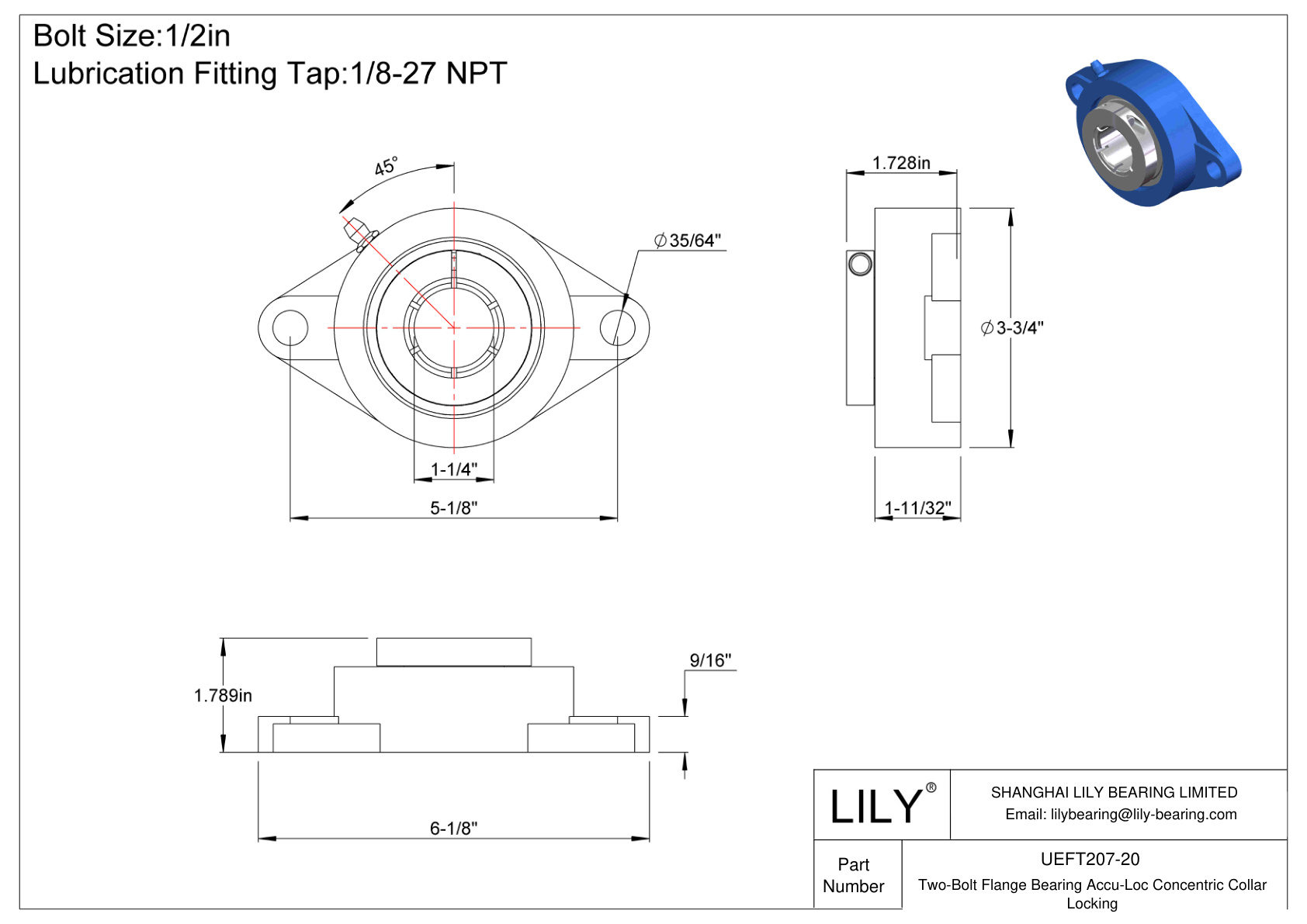 UEFT207-20 Cojinete de brida de dos pernos Bloqueo de collarín concéntrico Accu-Loc cad drawing