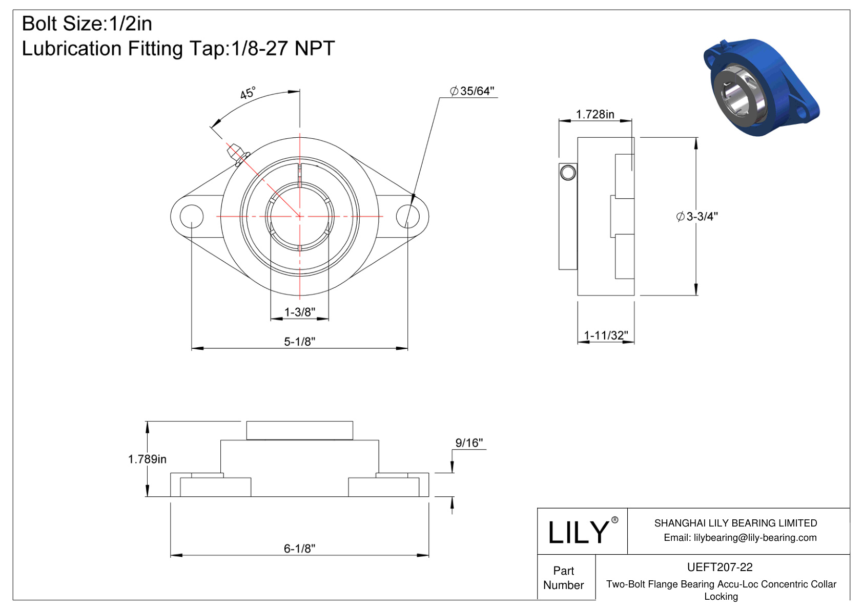 UEFT207-22 Cojinete de brida de dos pernos Bloqueo de collarín concéntrico Accu-Loc cad drawing