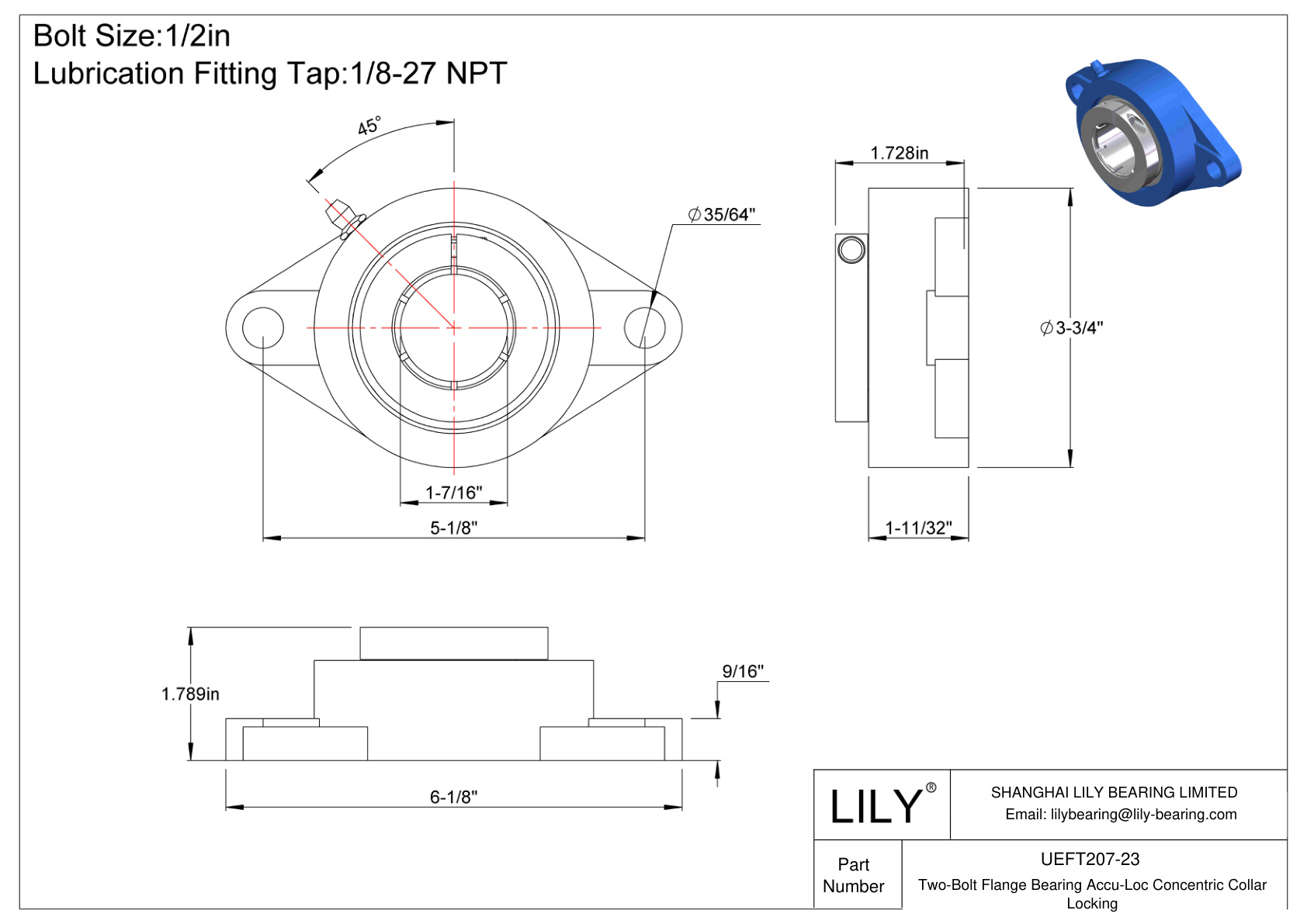 UEFT207-23 Two-Bolt Flange Bearing Accu-Loc Concentric Collar Locking cad drawing