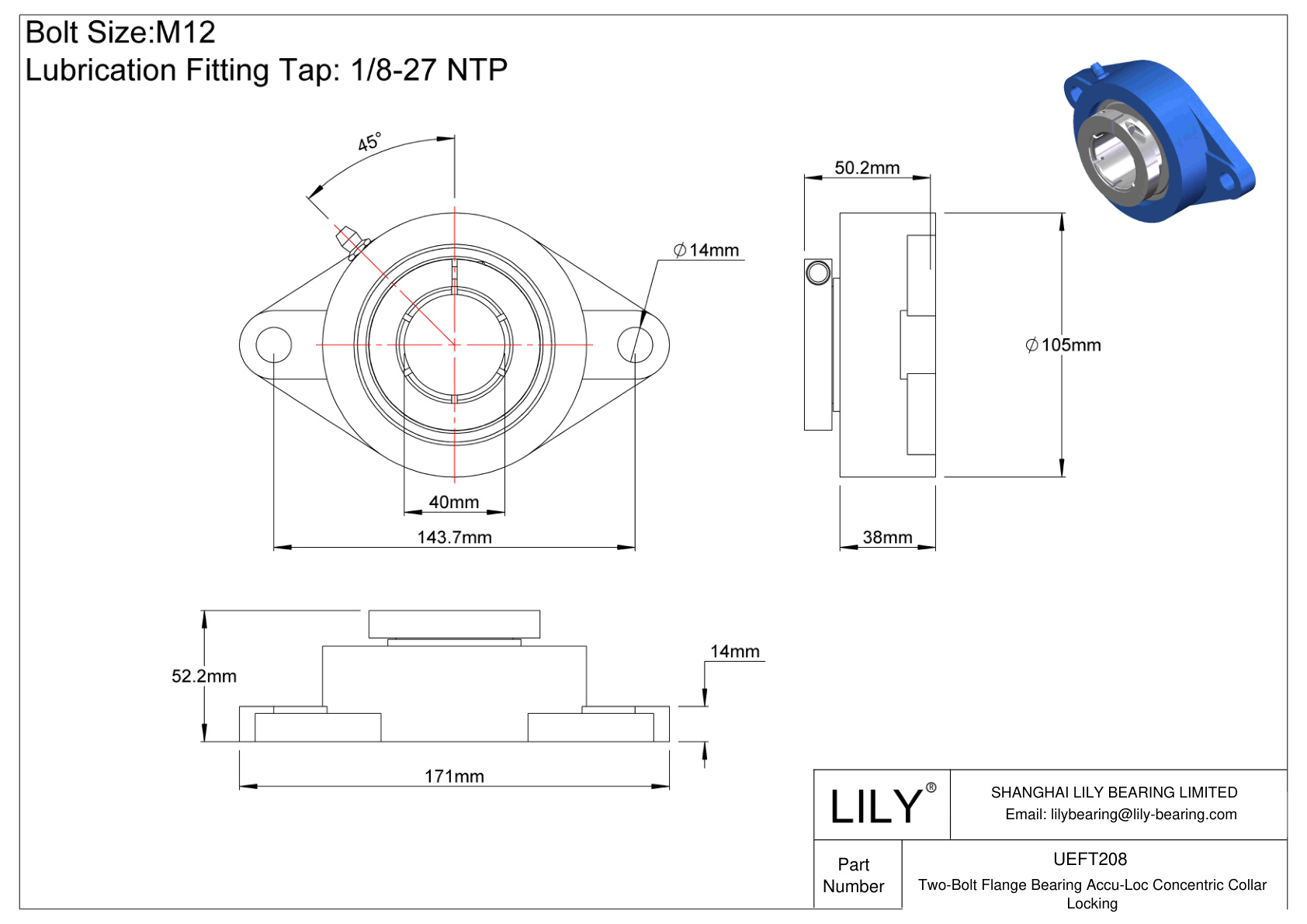 UEFT208 Cojinete de brida de dos pernos Bloqueo de collarín concéntrico Accu-Loc cad drawing