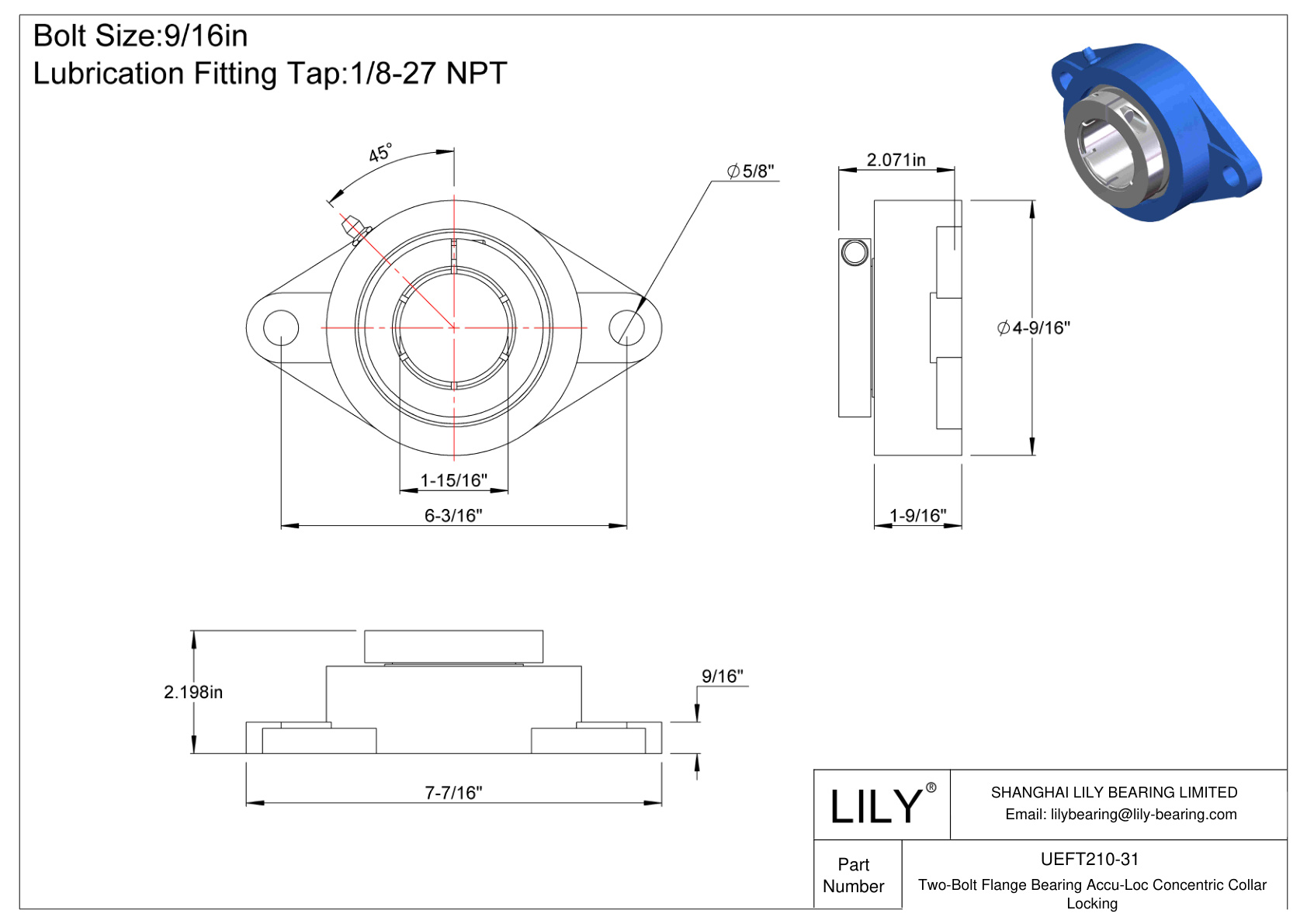 UEFT210-31 Two-Bolt Flange Bearing Accu-Loc Concentric Collar Locking cad drawing