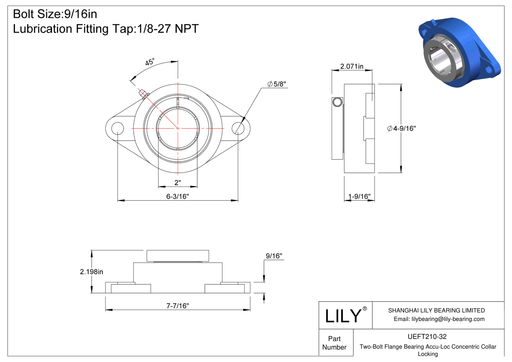 UEFT210-32 Two-Bolt Flange Bearing Accu-Loc Concentric Collar Locking cad drawing