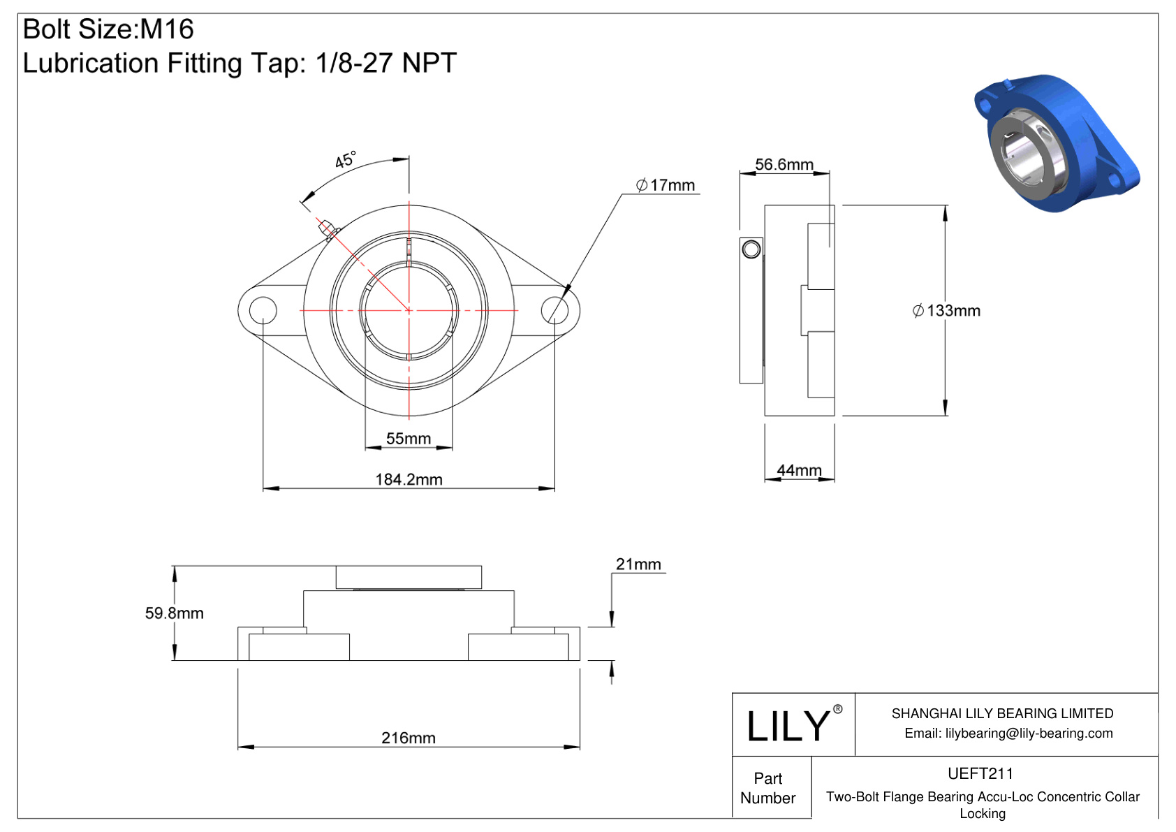 UEFT211 Two-Bolt Flange Bearing Accu-Loc Concentric Collar Locking cad drawing