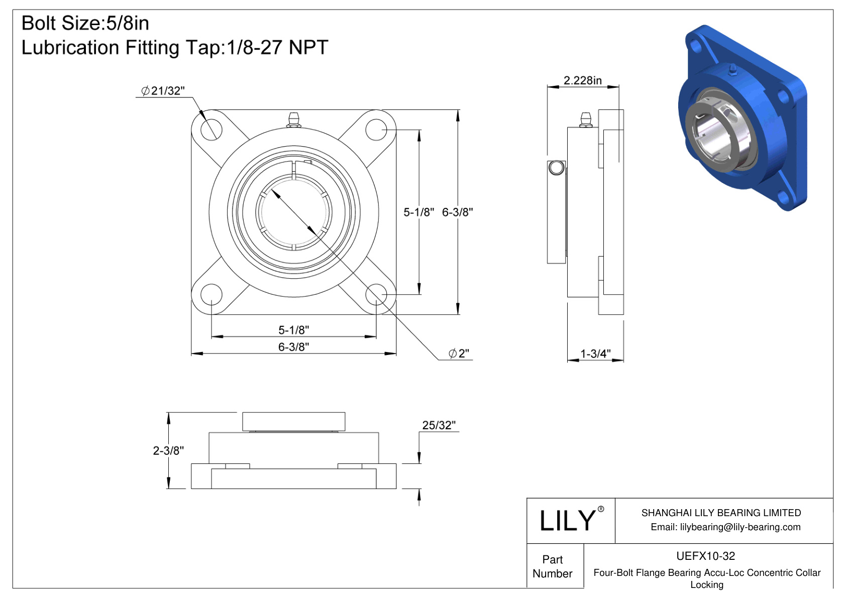 UEFX10-32 Cojinete de brida de cuatro tornillos Bloqueo de collarín concéntrico Accu-Loc cad drawing