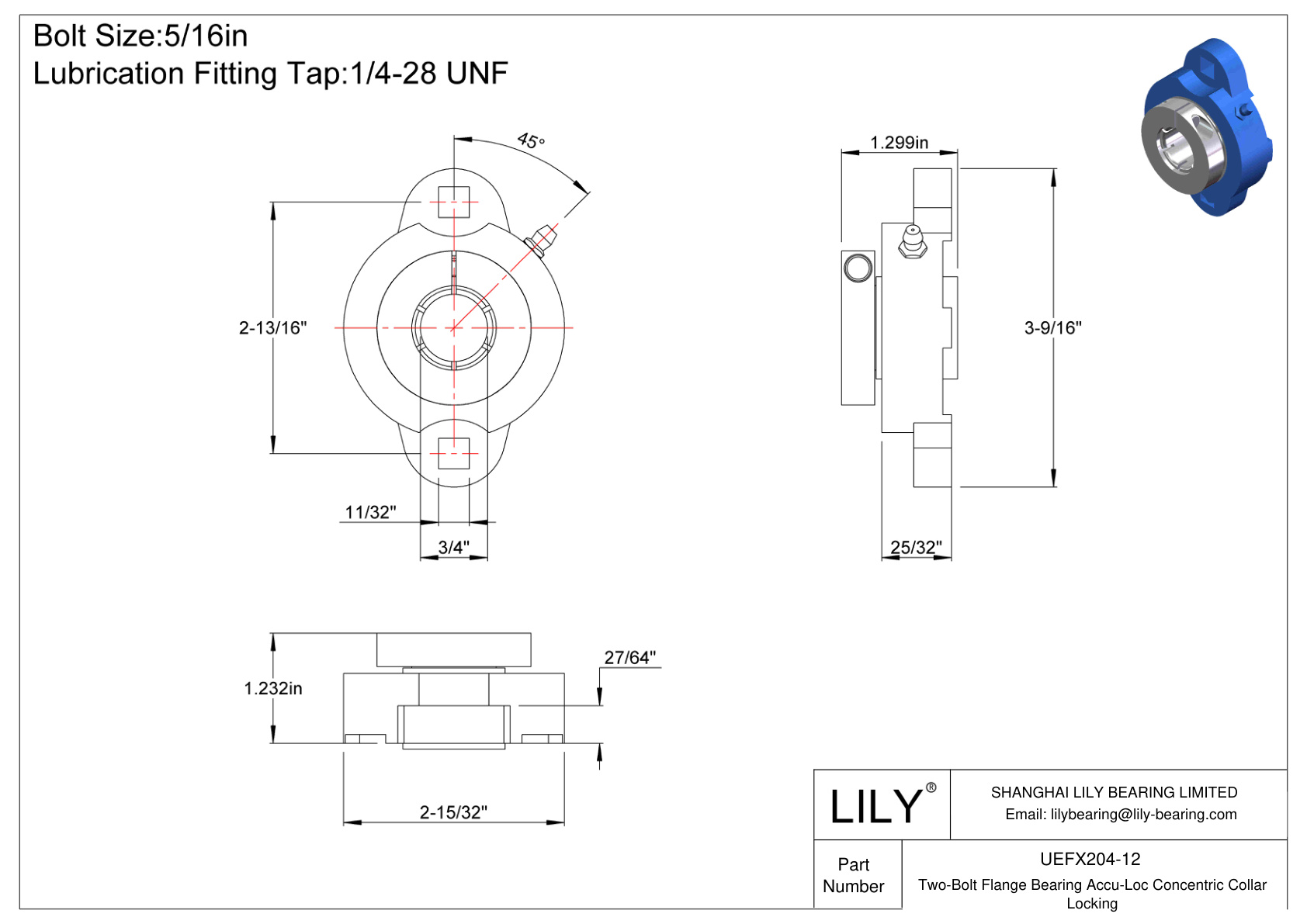 UEFX204-12 Two-Bolt Flange Bearing Accu-Loc Concentric Collar Locking cad drawing