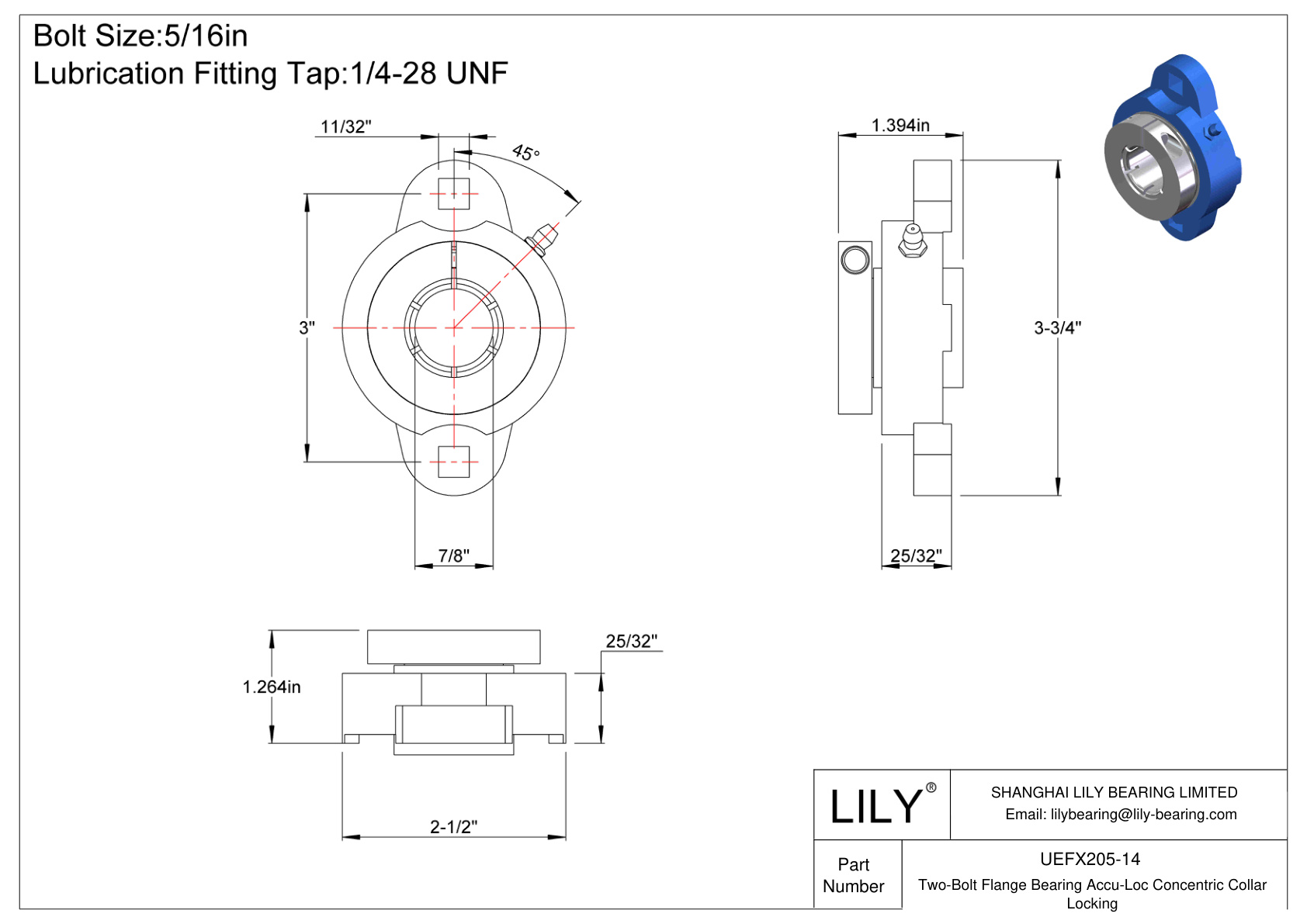 UEFX205-14 Cojinete de brida de dos pernos Bloqueo de collarín concéntrico Accu-Loc cad drawing