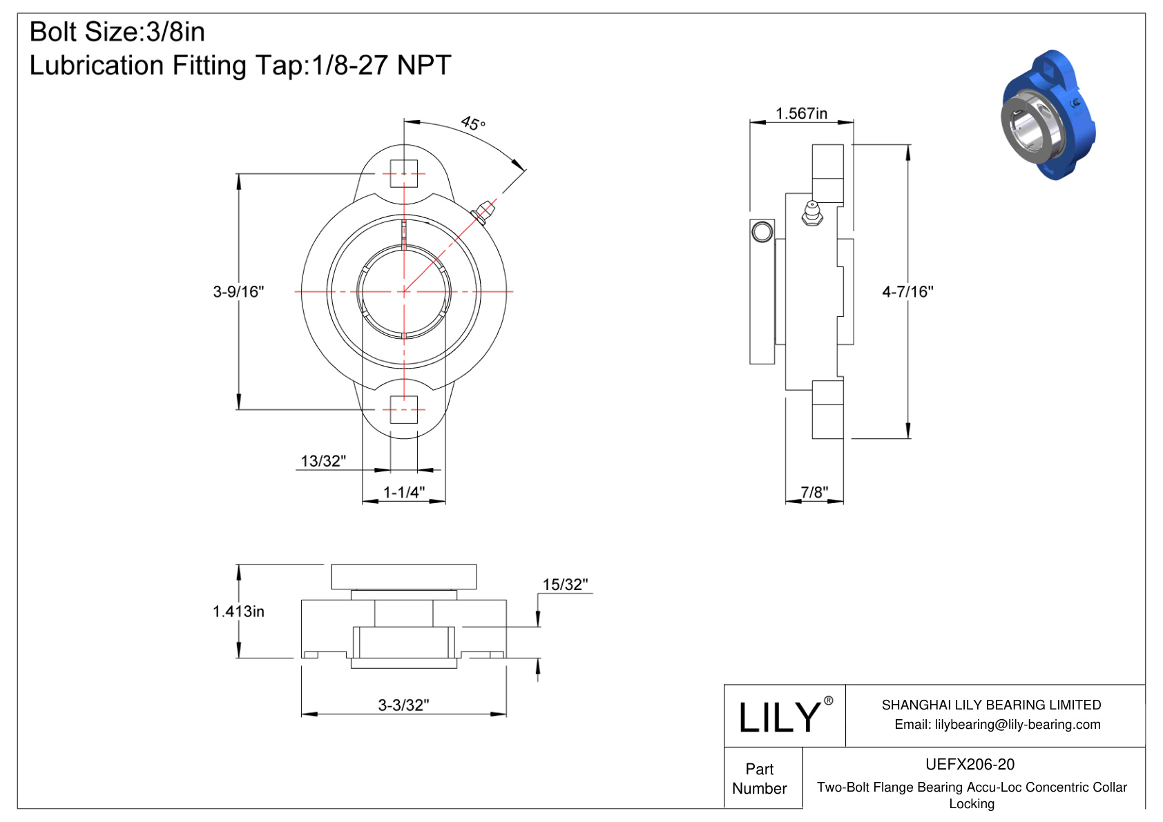 UEFX206-20 Two-Bolt Flange Bearing Accu-Loc Concentric Collar Locking cad drawing