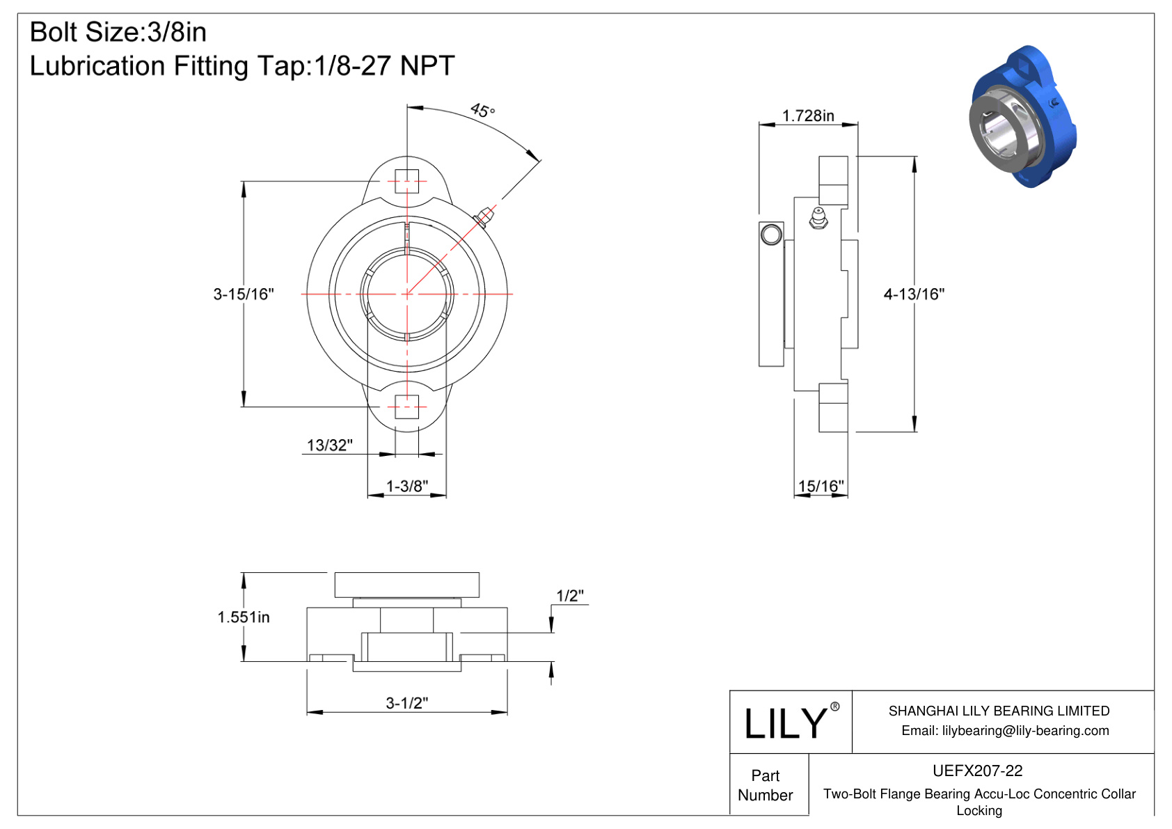 UEFX207-22 Cojinete de brida de dos pernos Bloqueo de collarín concéntrico Accu-Loc cad drawing