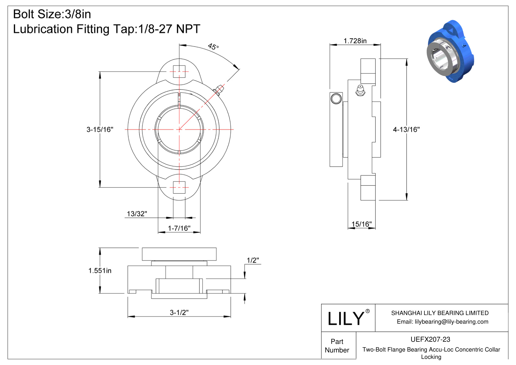 UEFX207-23 Two-Bolt Flange Bearing Accu-Loc Concentric Collar Locking cad drawing