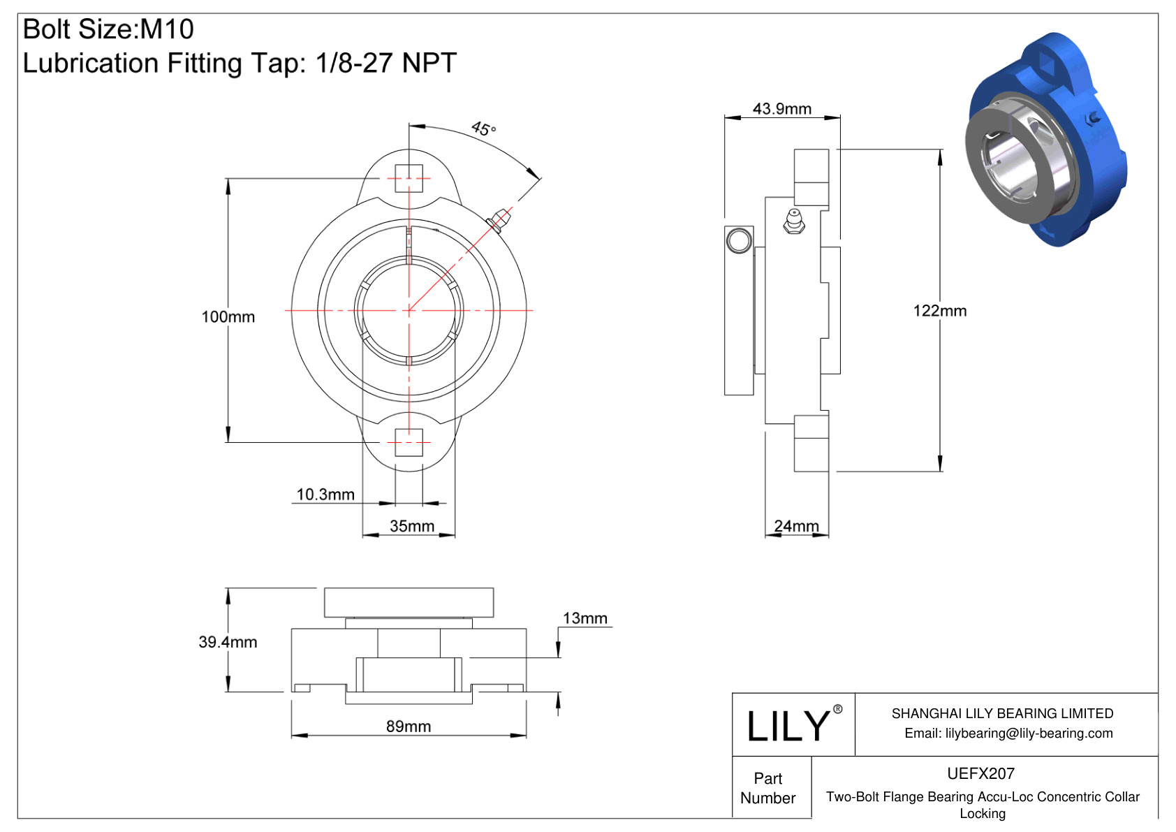 UEFX207 Two-Bolt Flange Bearing Accu-Loc Concentric Collar Locking cad drawing