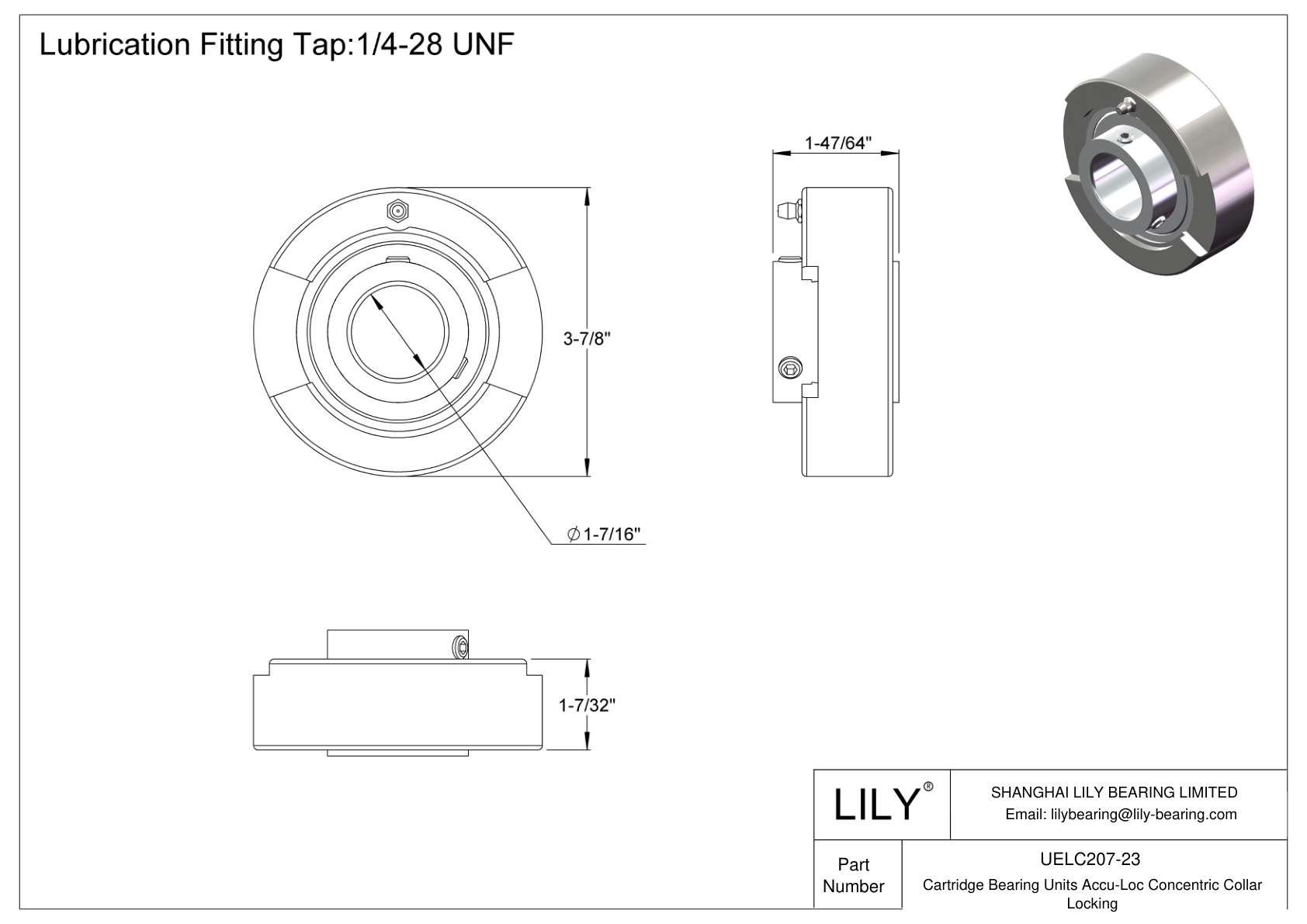 UELC207-23 Cartridge Bearing Units Accu-Loc Concentric Collar Locking cad drawing