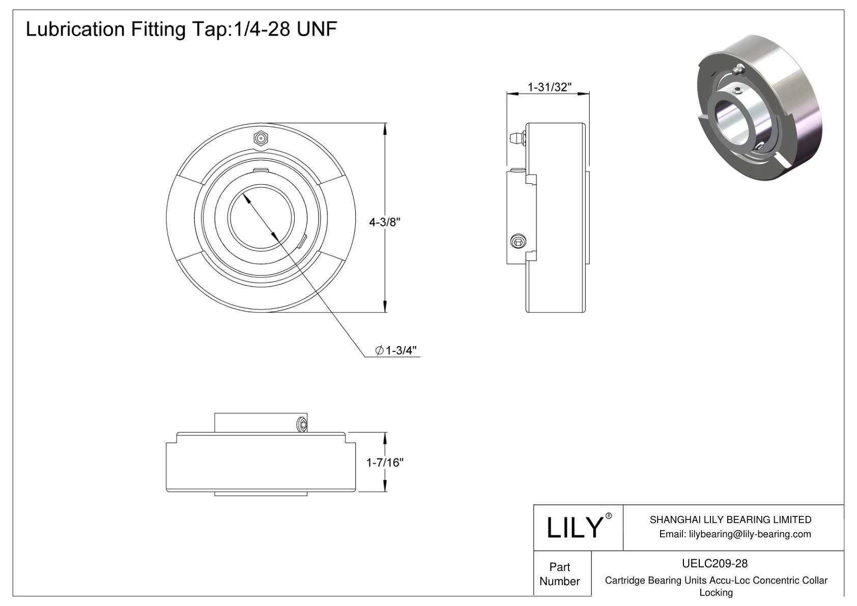 UELC209-28 Cartridge Bearing Units Accu-Loc Concentric Collar Locking cad drawing