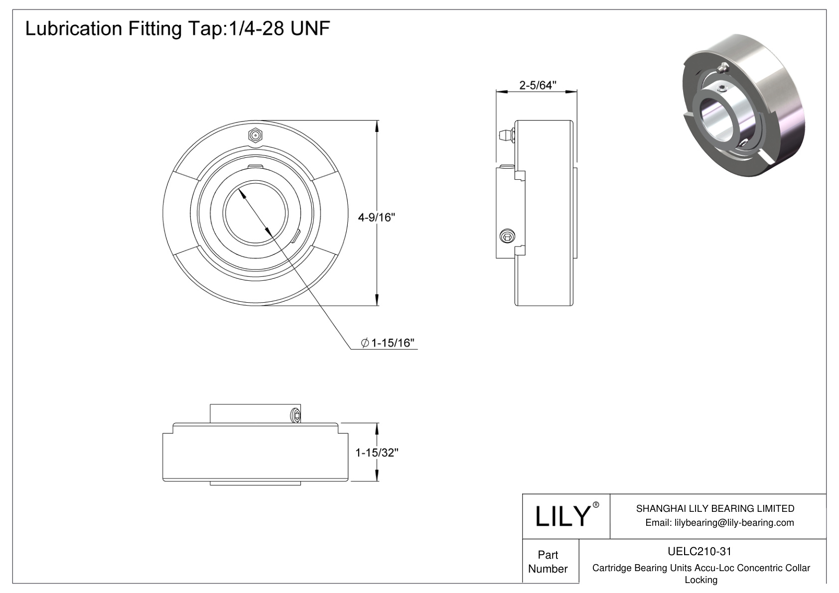 UELC210-31 Cartridge Bearing Units Accu-Loc Concentric Collar Locking cad drawing