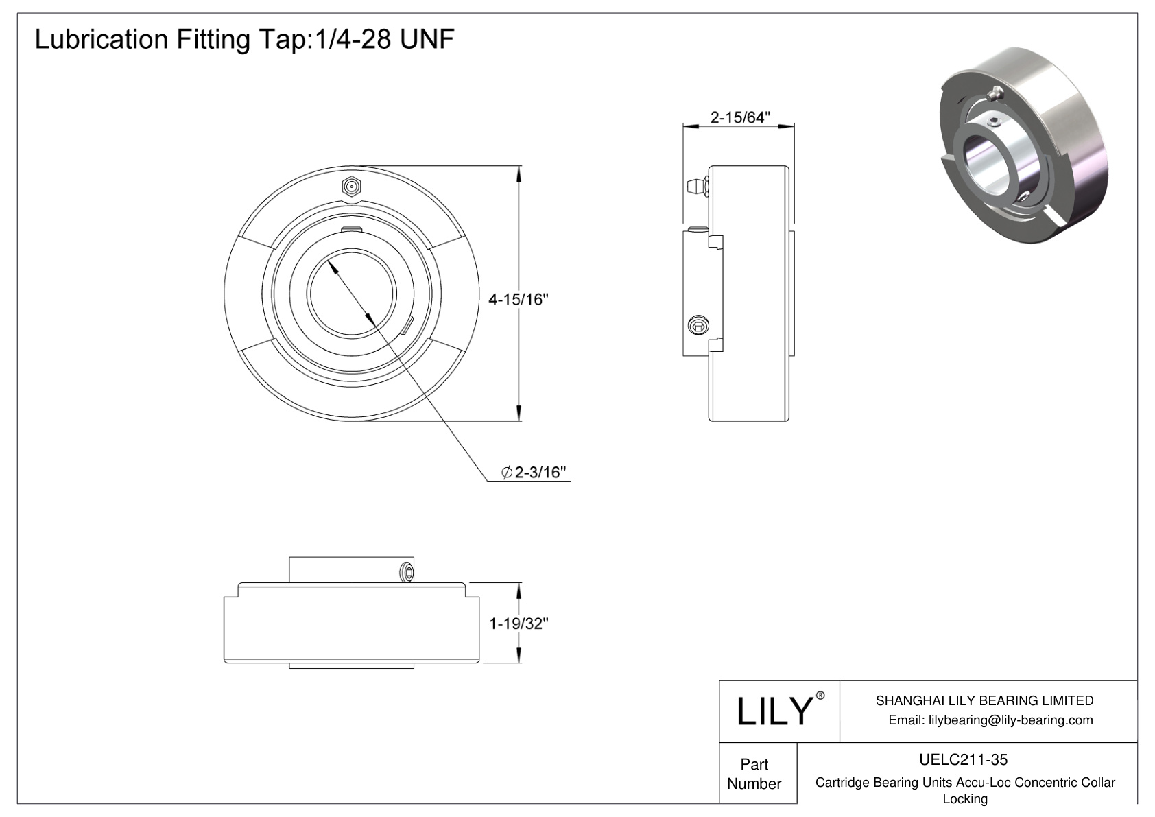 UELC211-35 Cartridge Bearing Units Accu-Loc Concentric Collar Locking cad drawing