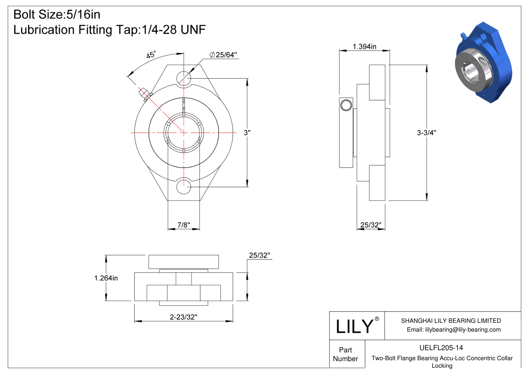 UELFL205-14 Two-Bolt Flange Bearing Accu-Loc Concentric Collar Locking cad drawing