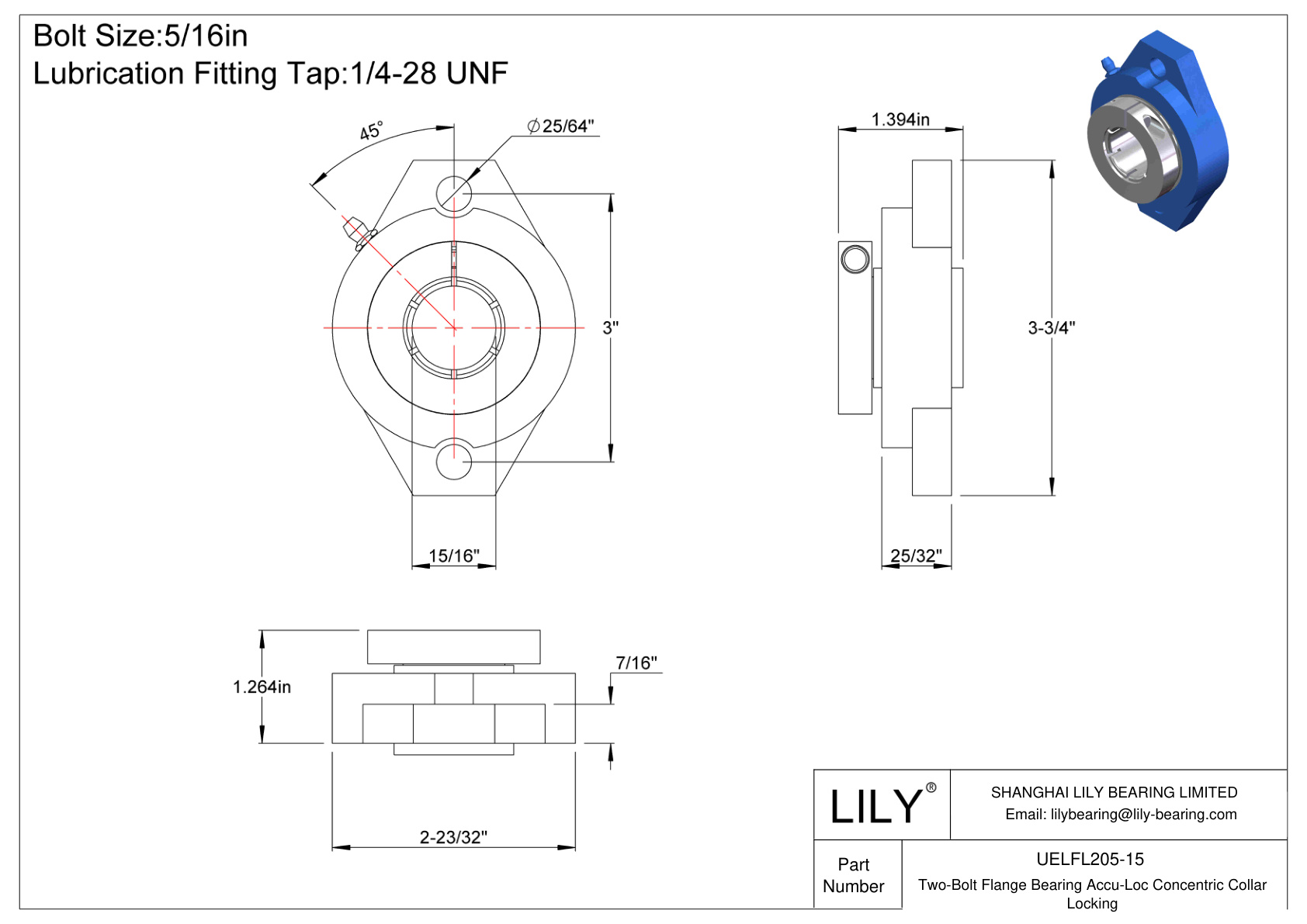 UELFL205-15 Two-Bolt Flange Bearing Accu-Loc Concentric Collar Locking cad drawing