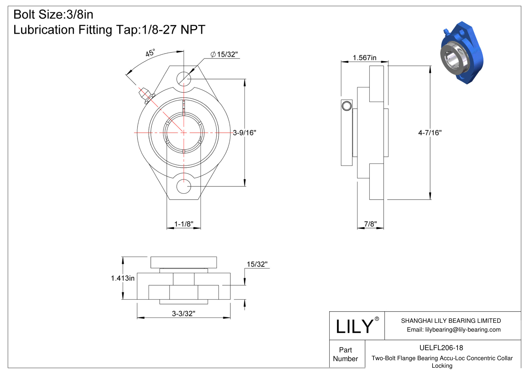 UELFL206-18 Two-Bolt Flange Bearing Accu-Loc Concentric Collar Locking cad drawing