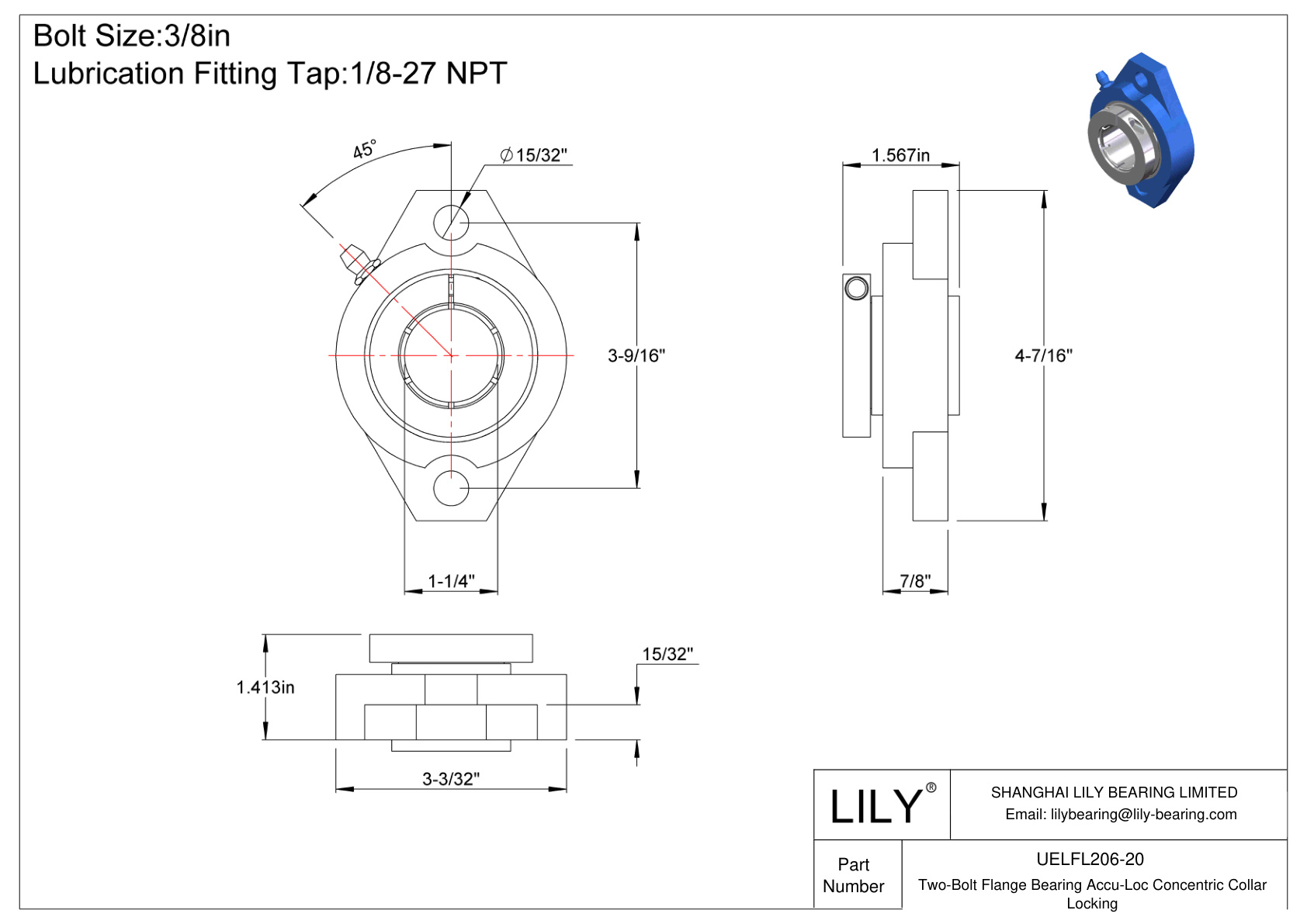 UELFL206-20 Cojinete de brida de dos pernos Bloqueo de collarín concéntrico Accu-Loc cad drawing