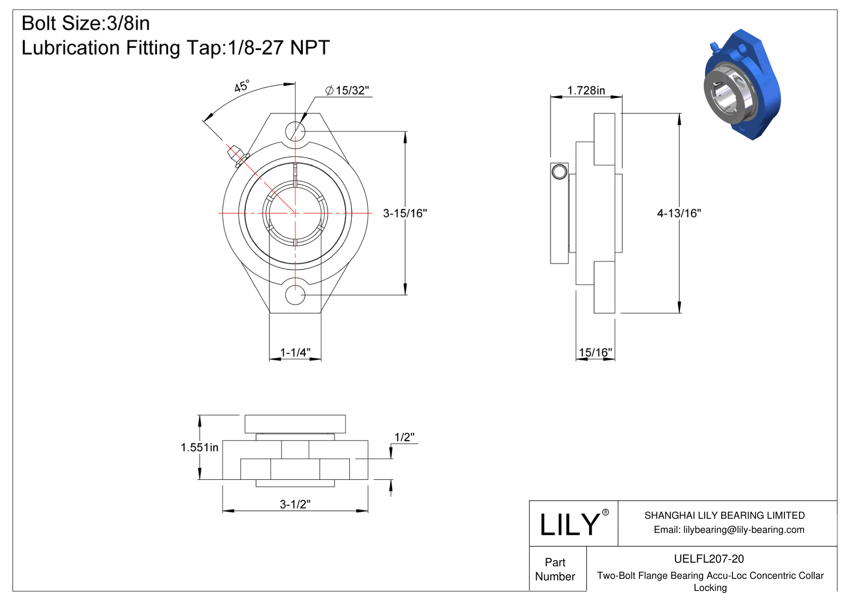 UELFL207-20 双螺栓法兰轴承 Accu-Loc 同心环锁定 cad drawing