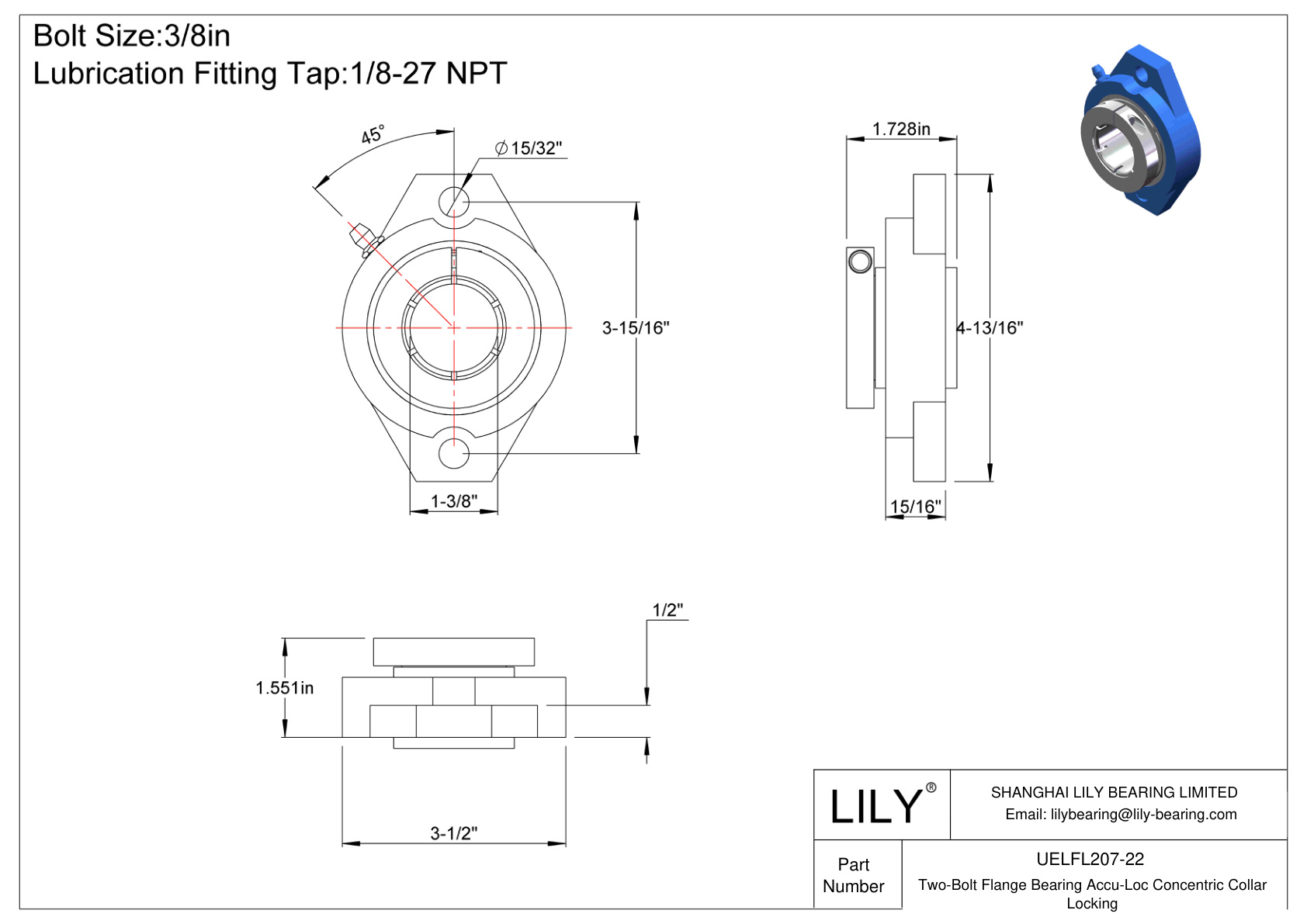 UELFL207-22 Two-Bolt Flange Bearing Accu-Loc Concentric Collar Locking cad drawing