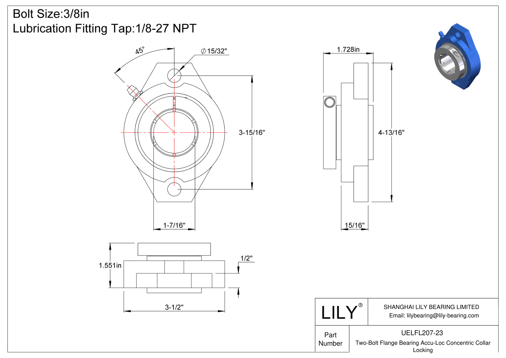 UELFL207-23 双螺栓法兰轴承 Accu-Loc 同心环锁定 cad drawing