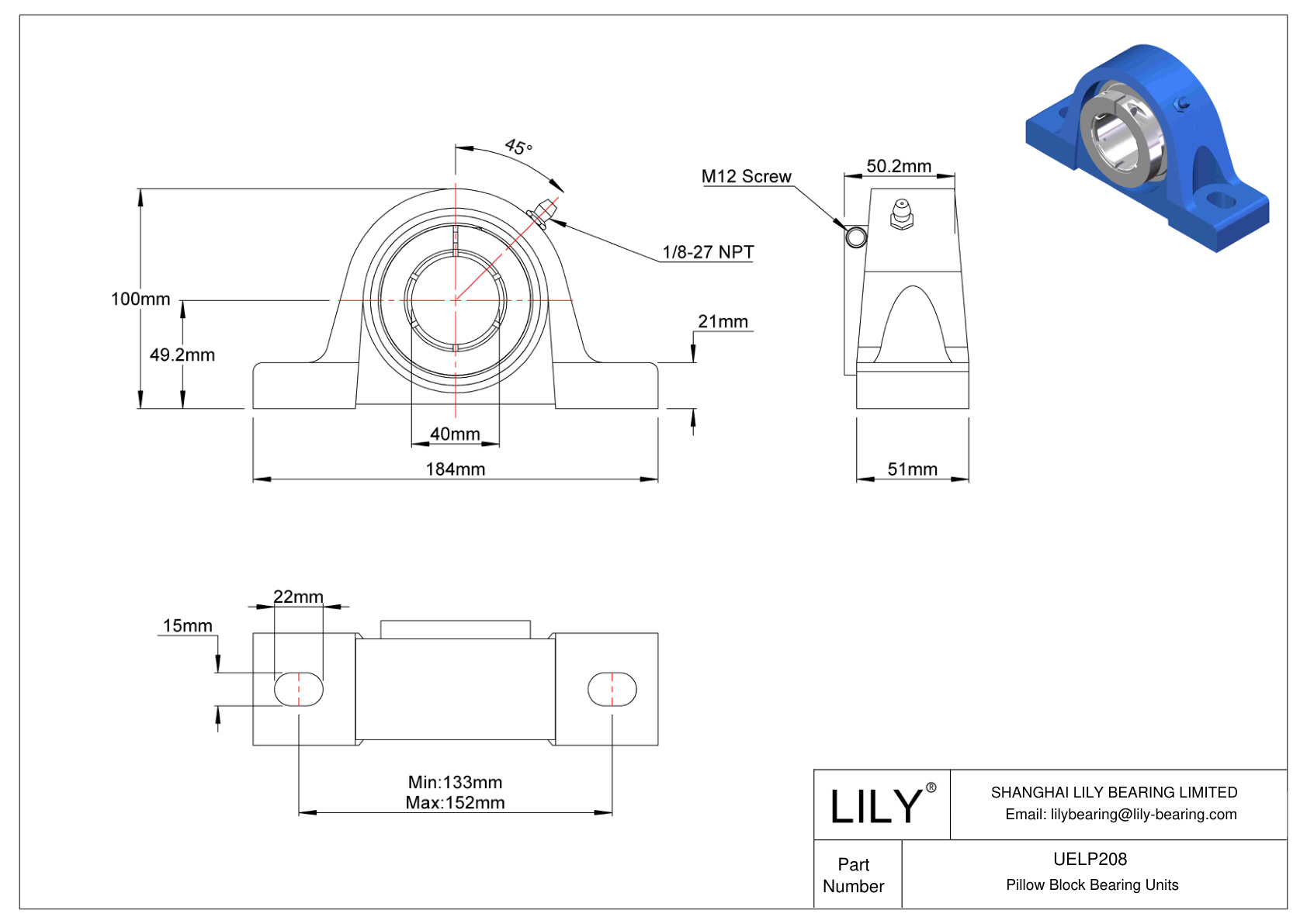 UELP208 Pillow Block Bearing Accu-Loc Concentric Collar Locking cad drawing