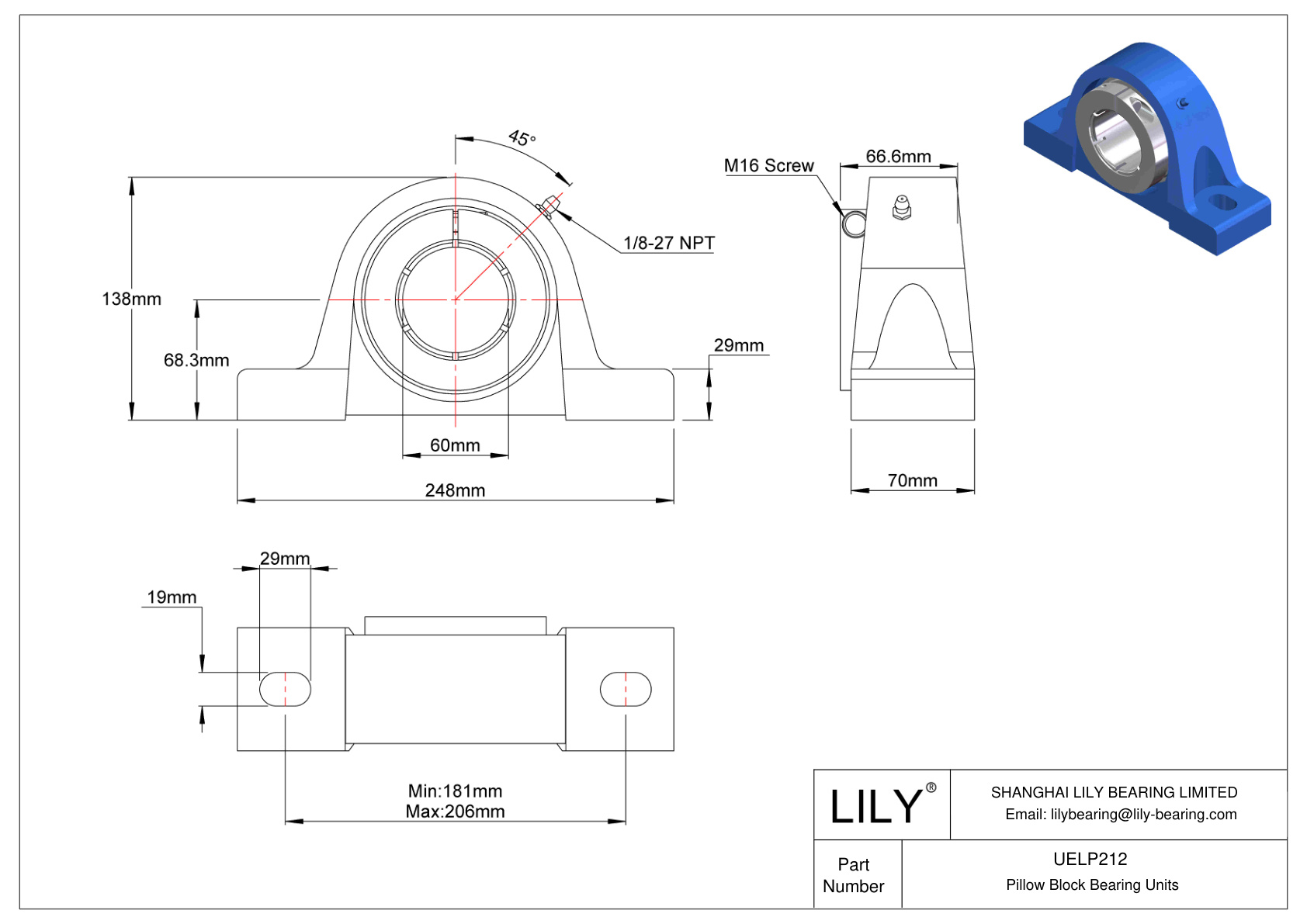 UELP212 Pillow Block Bearing Accu-Loc Concentric Collar Locking cad drawing