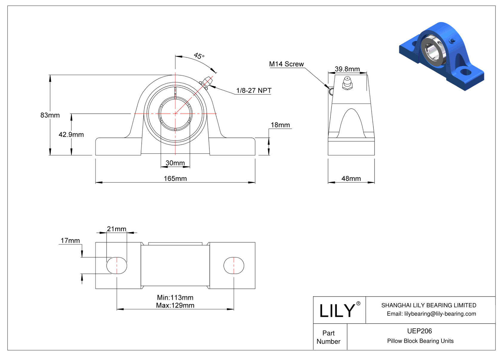 UEP206 Pillow Block Bearing Accu-Loc Concentric Collar Locking cad drawing